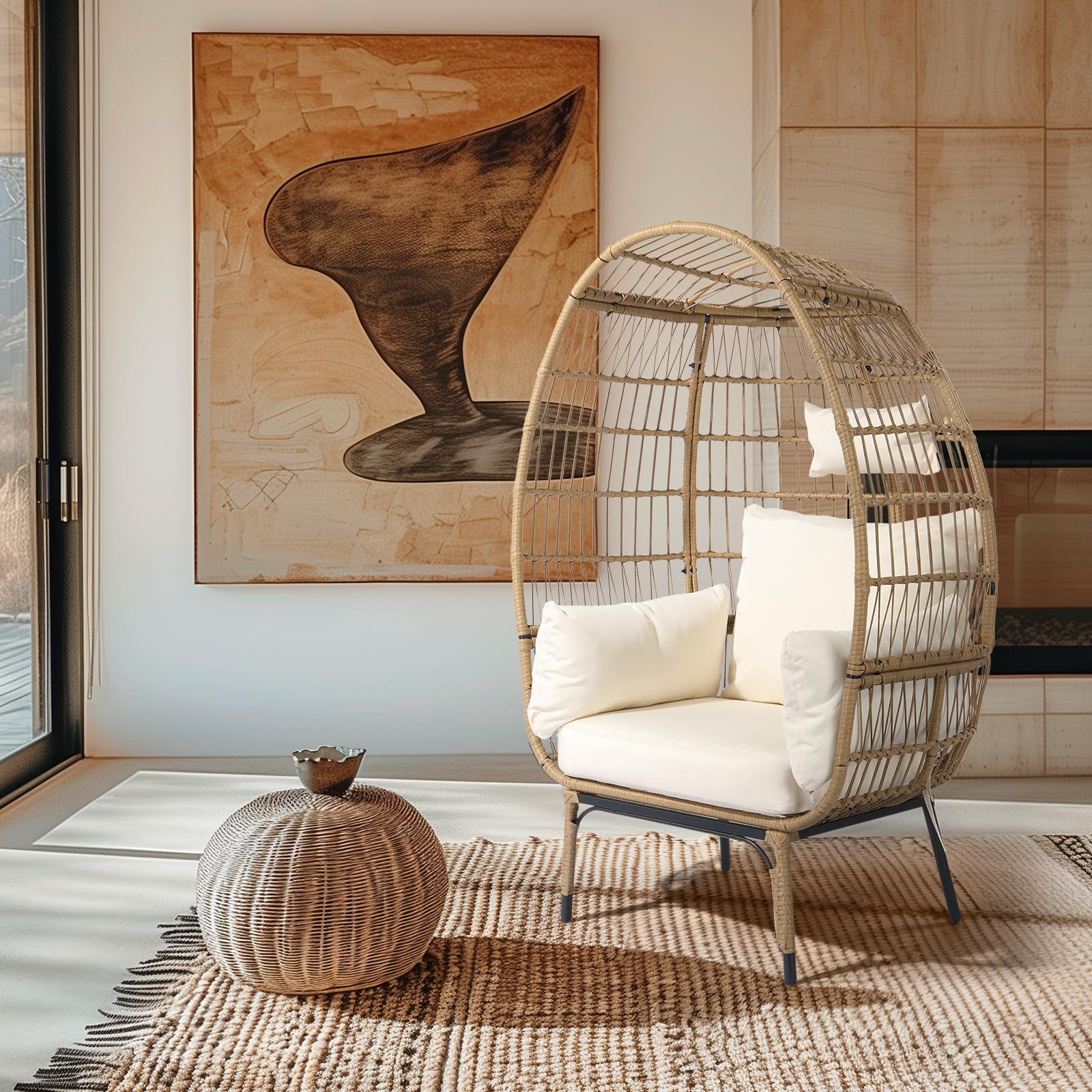 VINGLI Oversized Wicker Egg Chair with Cushions - 600lb Capacity Indoor/Outdoor Hanging Chair for Patio, Porch, Backyard, Living Room & Balcony - Perfect for Relaxing, Reading & Sunbathing (Yellow)