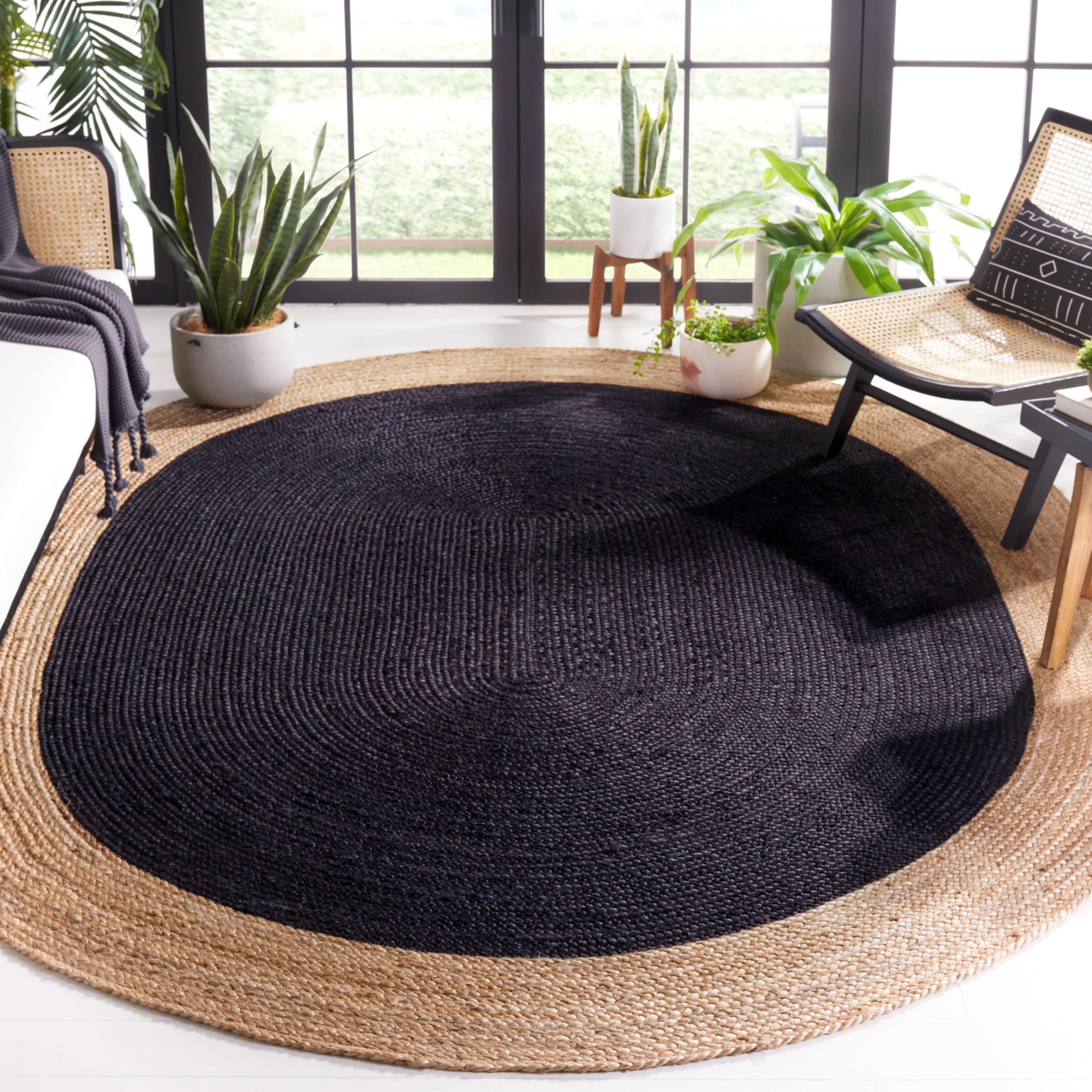 SAFAVIEH Handmade Boho Braided Jute Area Rug - 8' x 10' Oval, Black & Natural, Natural Fiber Collection for Living Room & Bedroom | Durable High-Traffic Floor Mat for Home Decor & Boho Chic Style (NF801Z)