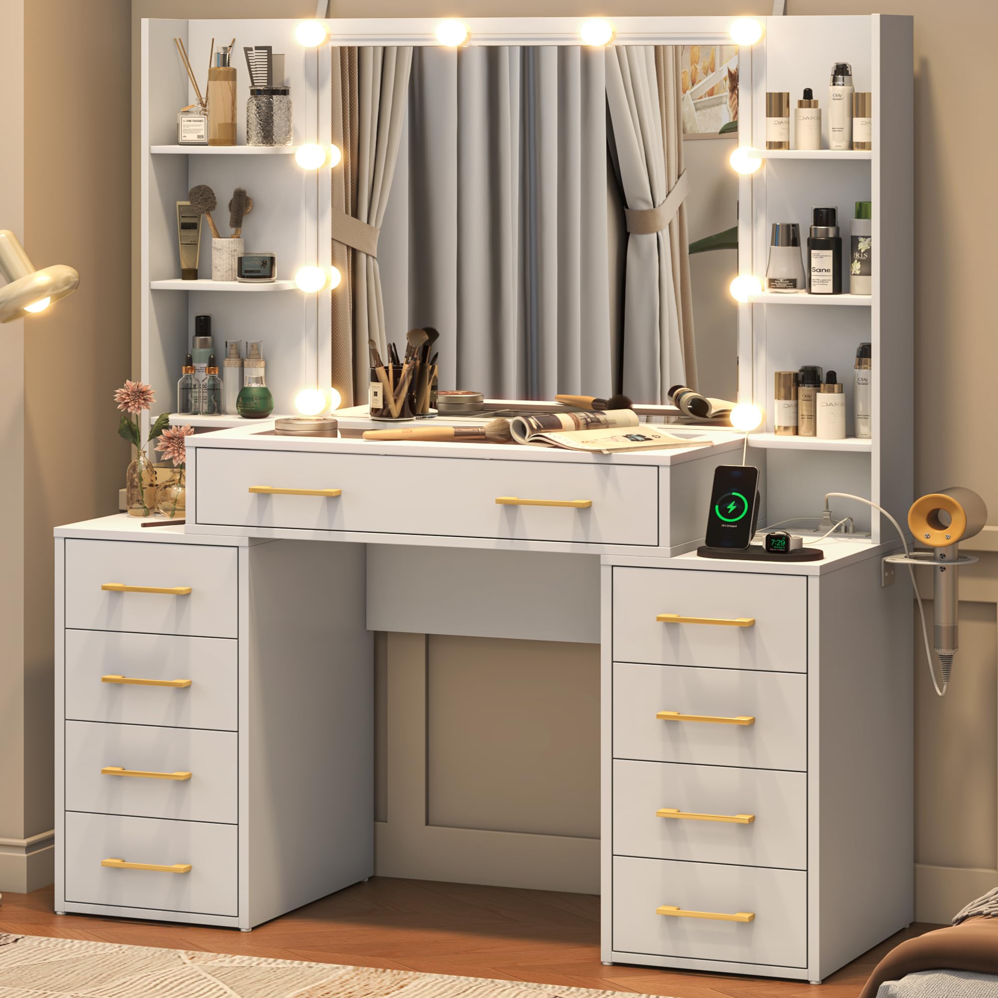 Modern White Glass Top Vanity Desk with LED Lights & Mirror - Large Makeup Dressing Table with Charging Station, 9 Drawers & 6 Shelves for Storage - Perfect for Bedroom, Dressing Room & Home Salon Organization