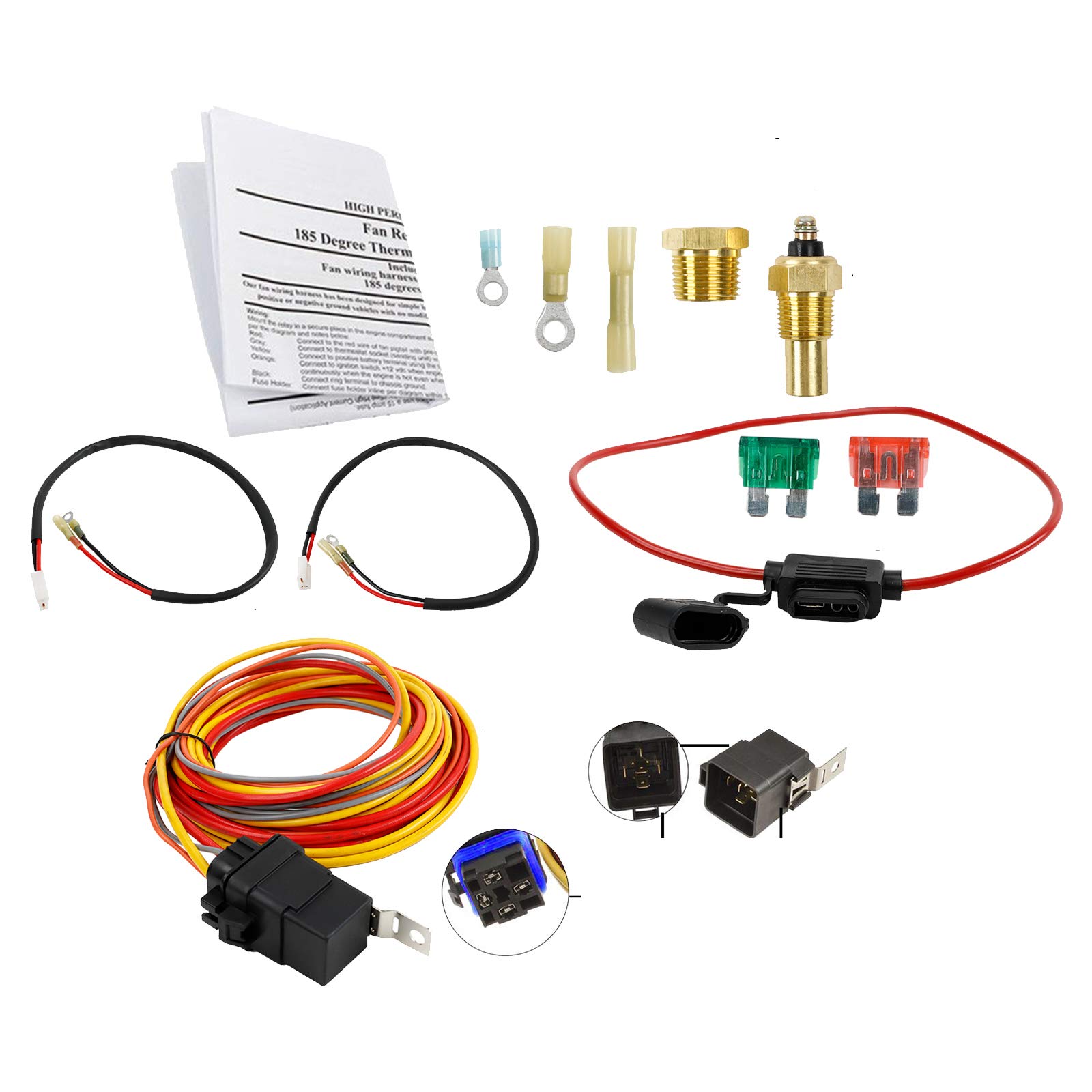 Dual Electric Cooling Fan Wiring Kit with 185°F On / 165°F Off Thermostat - 40/50 AMP Relay for Engine Cooling System - Perfect for Car, Truck & SUV Performance Upgrades