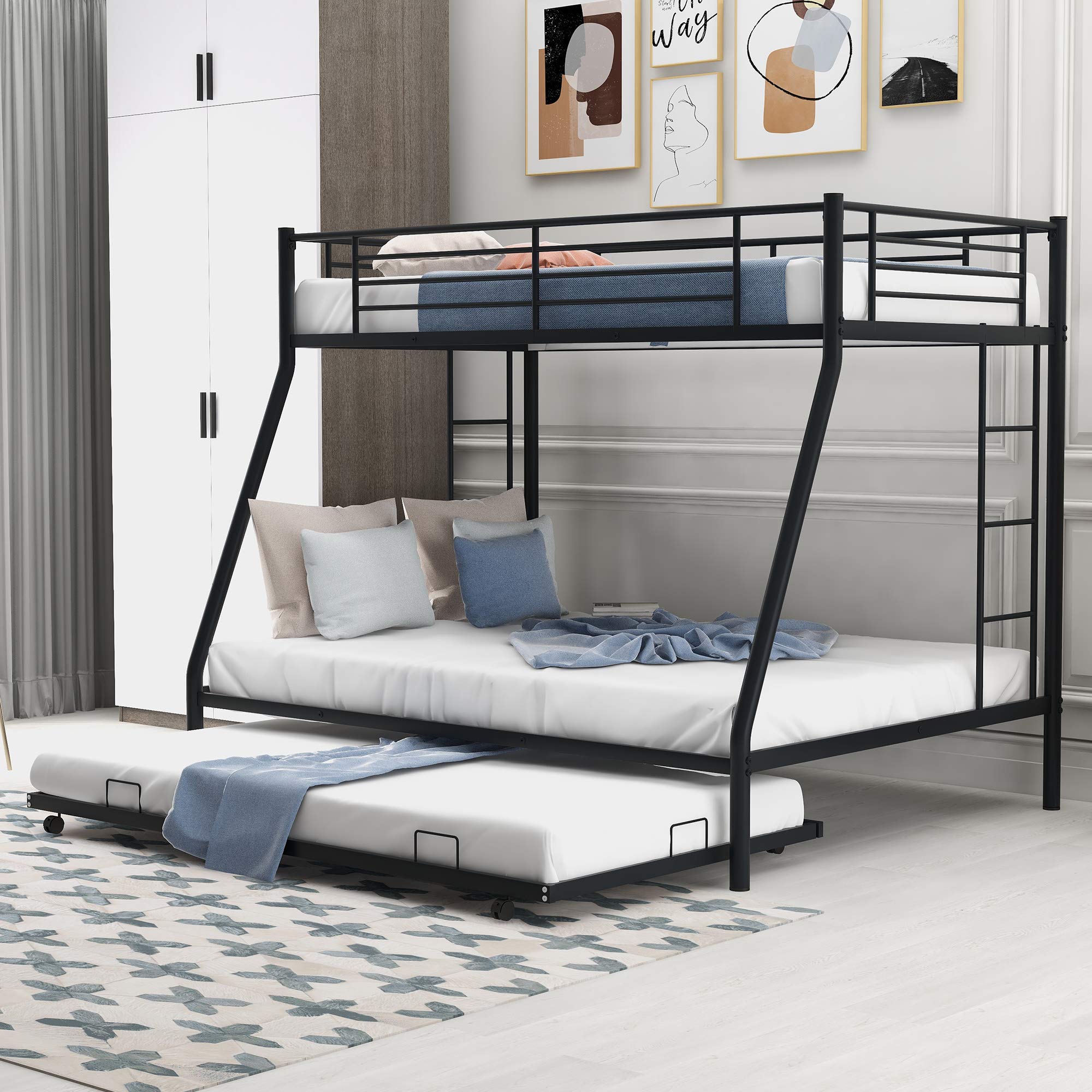 Harper & Bright Twin Over Full Bunk Bed with Trundle - Sturdy Metal Frame for Kids & Teens - Home & Dorm Use