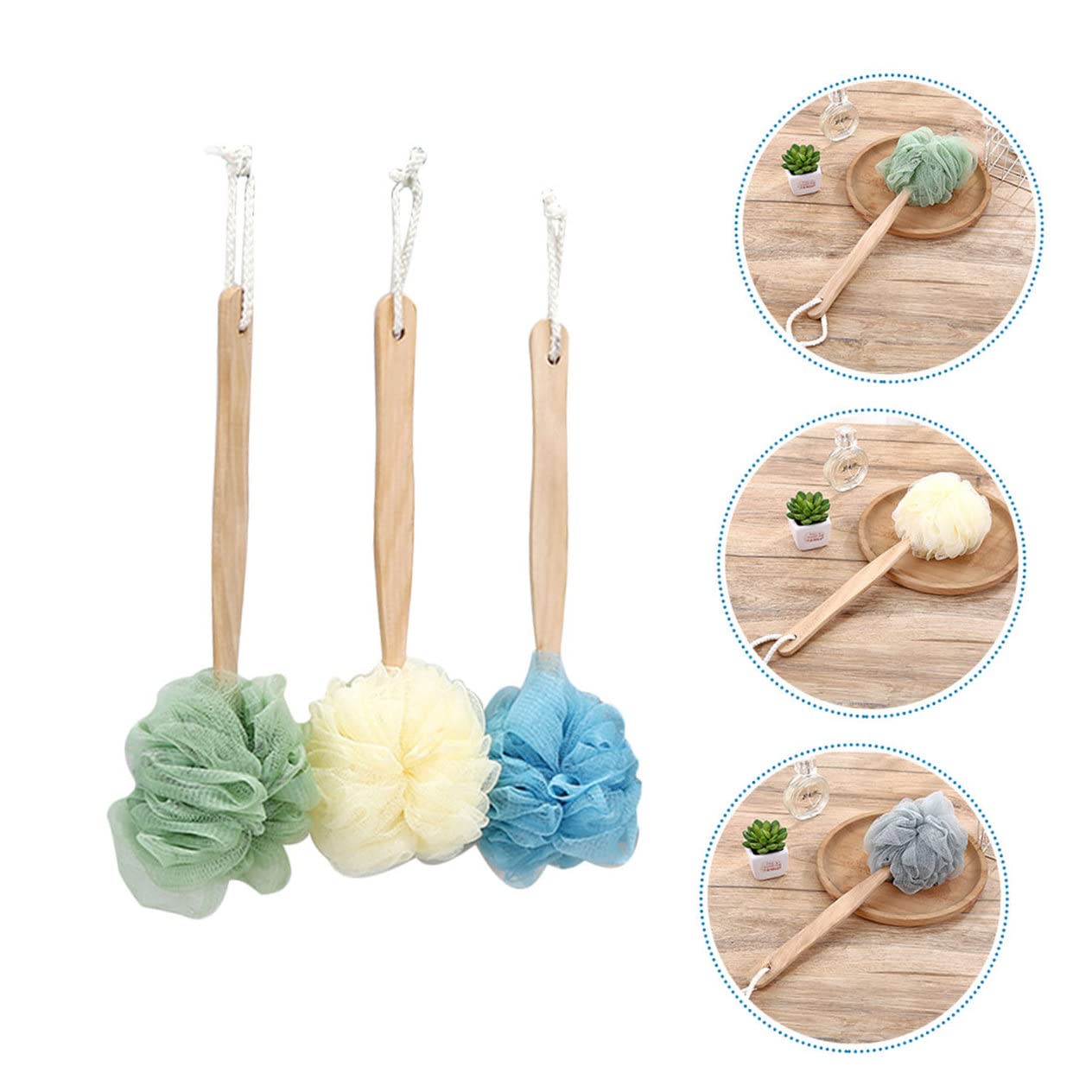 HEMOTON 3-Pack Wooden Back Scrubber with Long Handle - Exfoliating Bath Brush for Deep Cleansing, Body Scrubber & Shower Loofah - Perfect for Spa, Exfoliation & Hard-to-Reach Areas