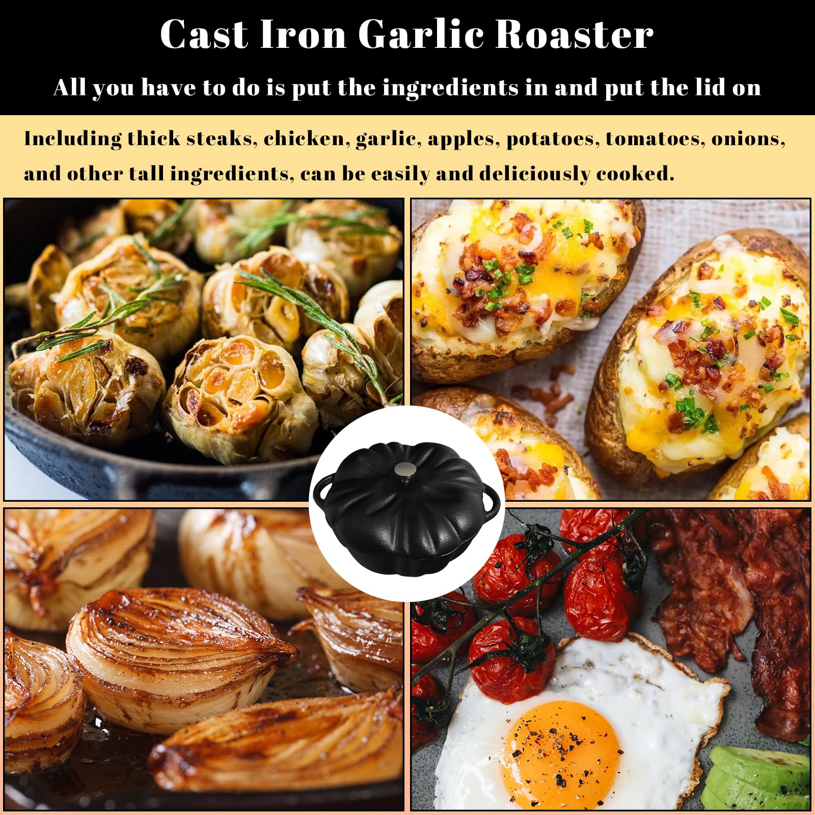 Cast Iron Garlic Roaster for Kitchen, Oven, Grill - Indoor & Outdoor Garlic Baker Tool for BBQ, Picnic, Camping, Patio & Backyard Cooking - Perfect for Roasting Garlic Cloves with Olive Oil