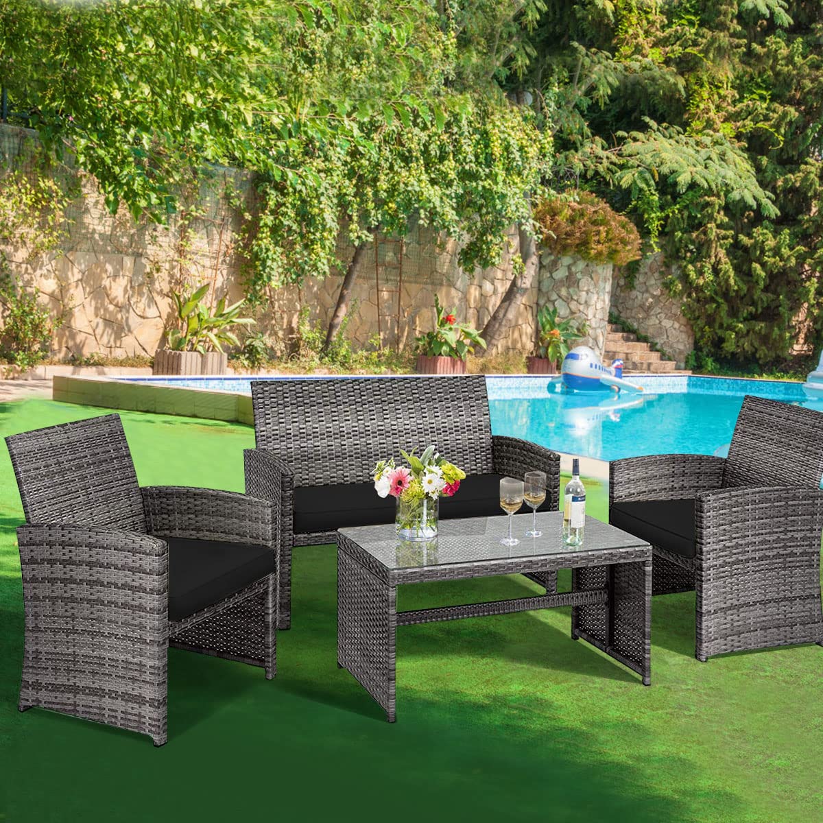 Tangkula 4-Piece Wicker Patio Conversation Set - Outdoor Rattan Sofa Set with Coffee Table, Cushioned Seating & Tempered Glass Top - Perfect for Poolside, Balcony, Garden or Backyard Relaxation