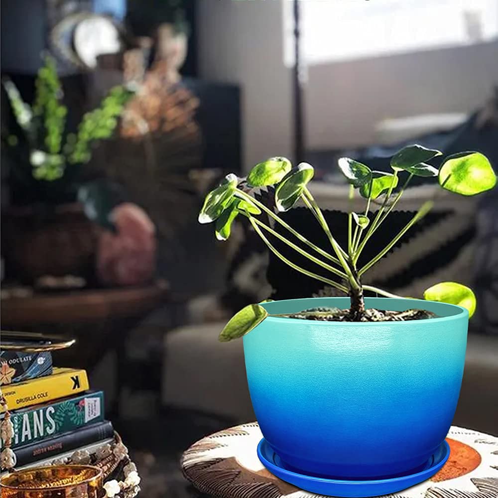 GUBIYU 4.1 Inch Ceramic Plant Pots with Drainage Hole & Tray - Small Flower Pots for Succulents, Indoor Plants, Home Office Desk & Windowsill Decor - Gradient Blue Home Gardening Accessories (Perfect for Modern Home, Office Desk & Gift Ideas)