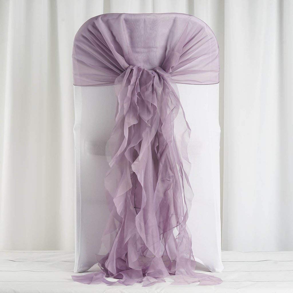 50 Premium Amethyst Curly Chiffon Chair Covers with Sashes - Elegant Wedding, Party, Ceremony & Reception Decorations for Banquet Halls and Event Venues