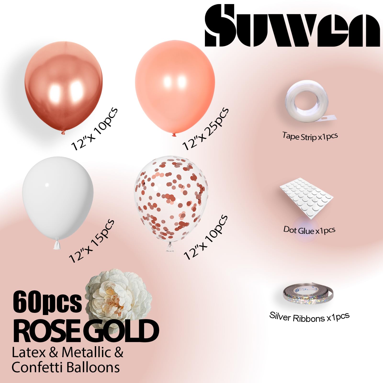 SUWEN 60PCS Metallic Rose Gold Confetti Balloons Set - Latex Helium Chrome Balloons for Birthday, Wedding, Bridal Shower, Anniversary Party Decorations - Perfect for Indoor & Outdoor Celebrations