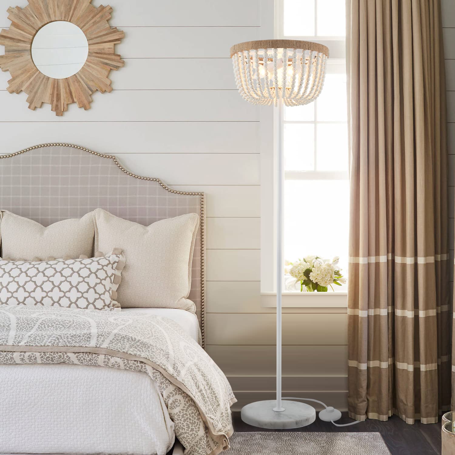 Boho Floor Lamp with White Wood Beaded Shade - 3-Light Modern Rattan Lighting for Bedroom, Living Room, Nursery & Dorm Decor | Perfect for Cozy Reading Nook, Boho Home Aesthetic & Relaxing Ambiance