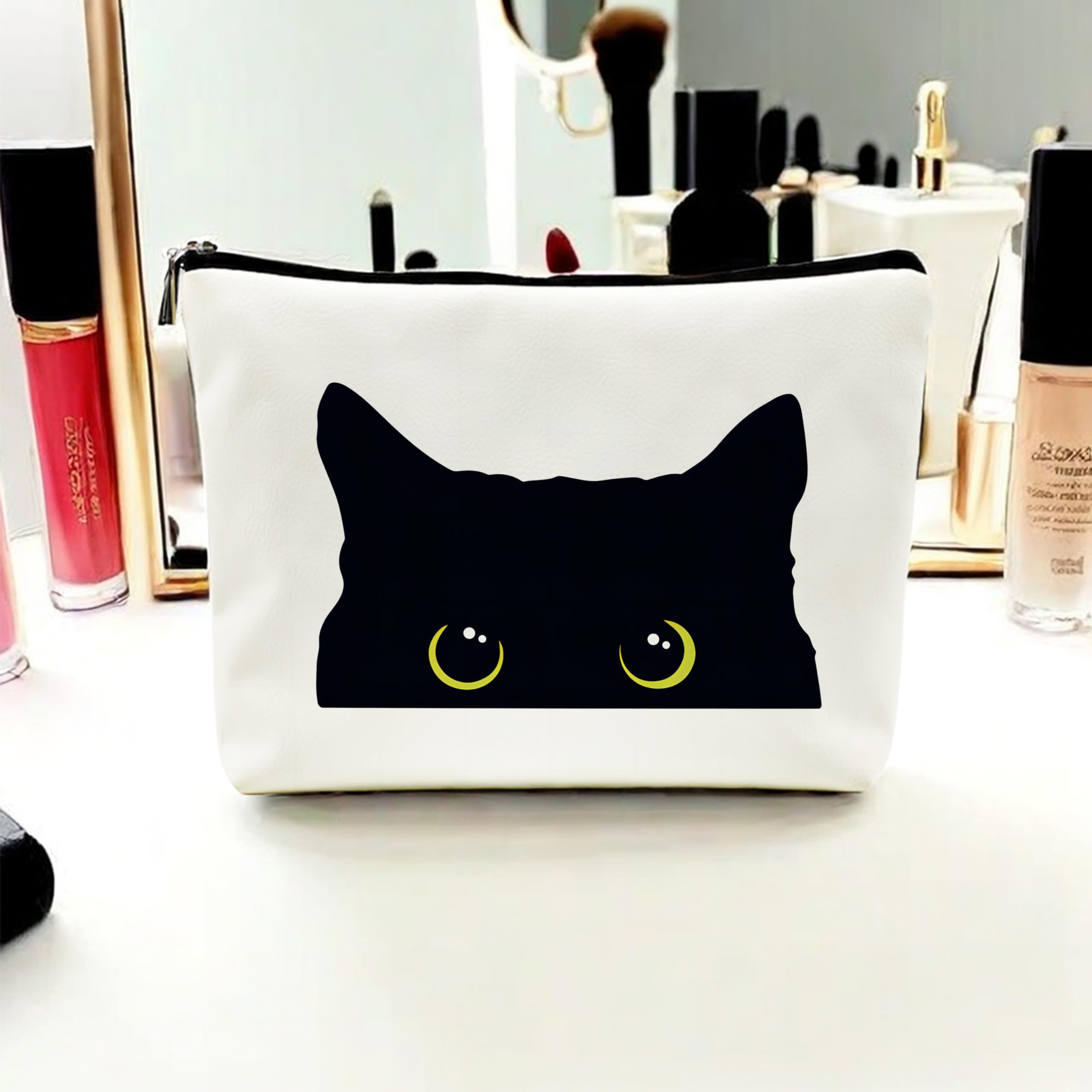 Black Cat Makeup Bag for Women - Pu Leather Cosmetic Purse for Cat Lovers & Gifts