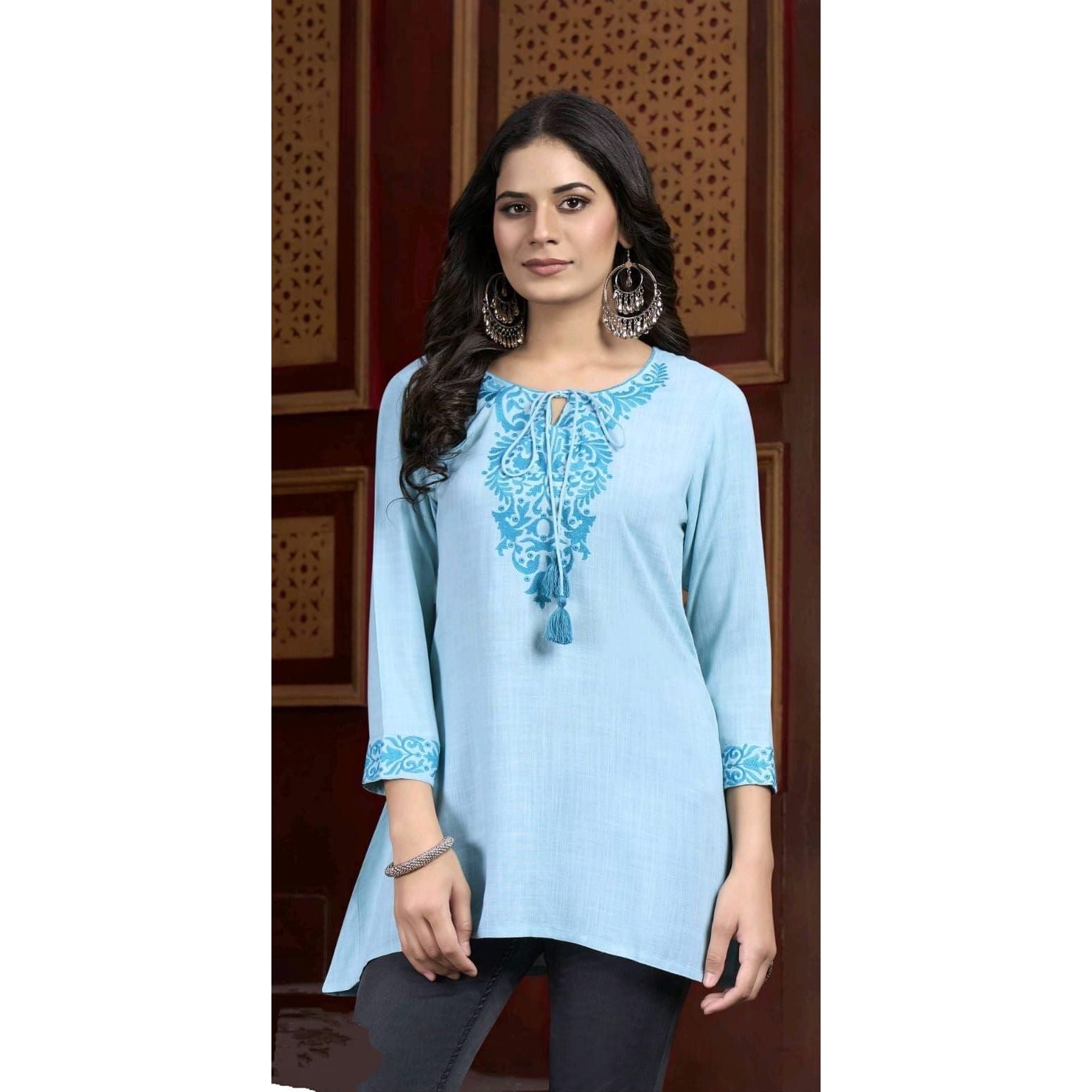 Stylish Baby Blue Short Kurti for Women - Comfortable & Trendy Indian Tunic Top for Casual Wear, Parties & Festivals