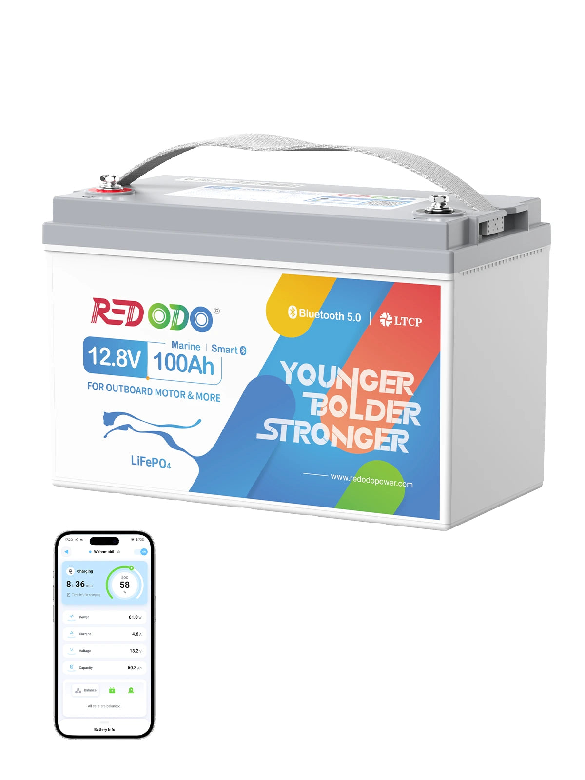 Redodo 12V 100Ah Plus Bluetooth Marine Deep Cycle Battery - Rechargeable Lithium Battery for Boats, Trolling Motors, RV, Solar Power - Perfect for Fishing, Camping & Off-Grid Adventures