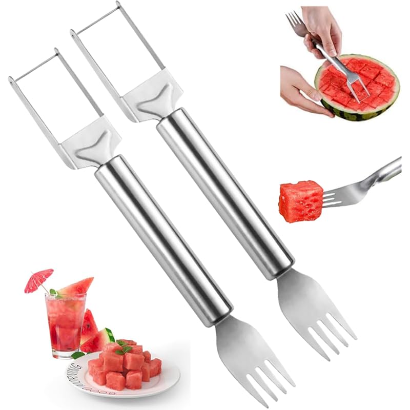 2-in-1 Stainless Steel Fruit Cutter & Watermelon Slicer - Portable Melon Cube Cutter with Fork for Kitchen - Perfect for Picnics, BBQs, and Home Fruit Prep