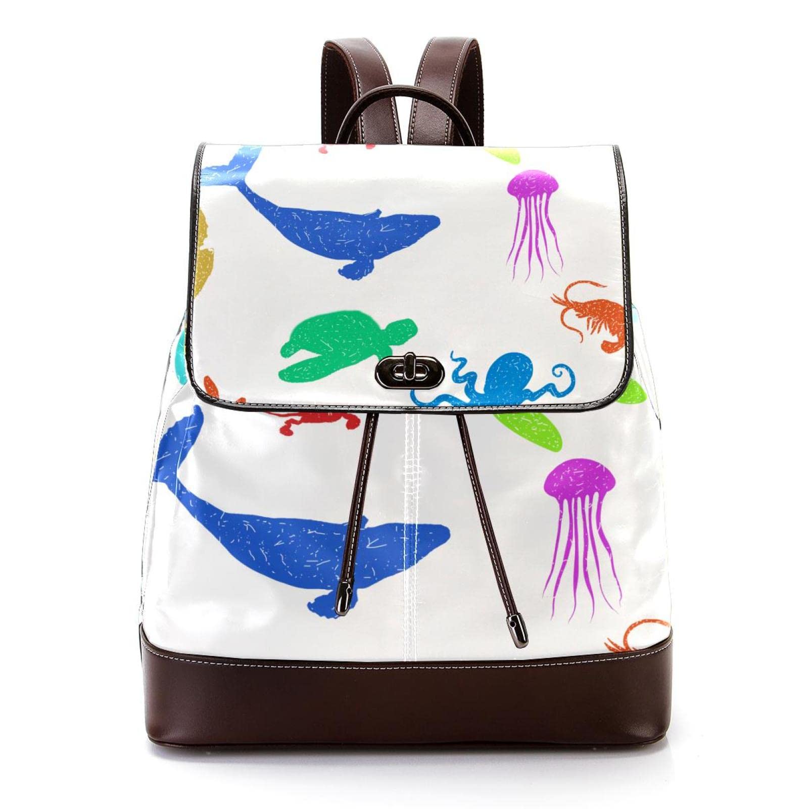 Cute Sea Animals Cartoon PU Leather Backpack for Women & Girls - Waterproof School Bag, Travel Backpack, Shoulder Rucksack - Perfect for School, Travel, Work & Daily Use