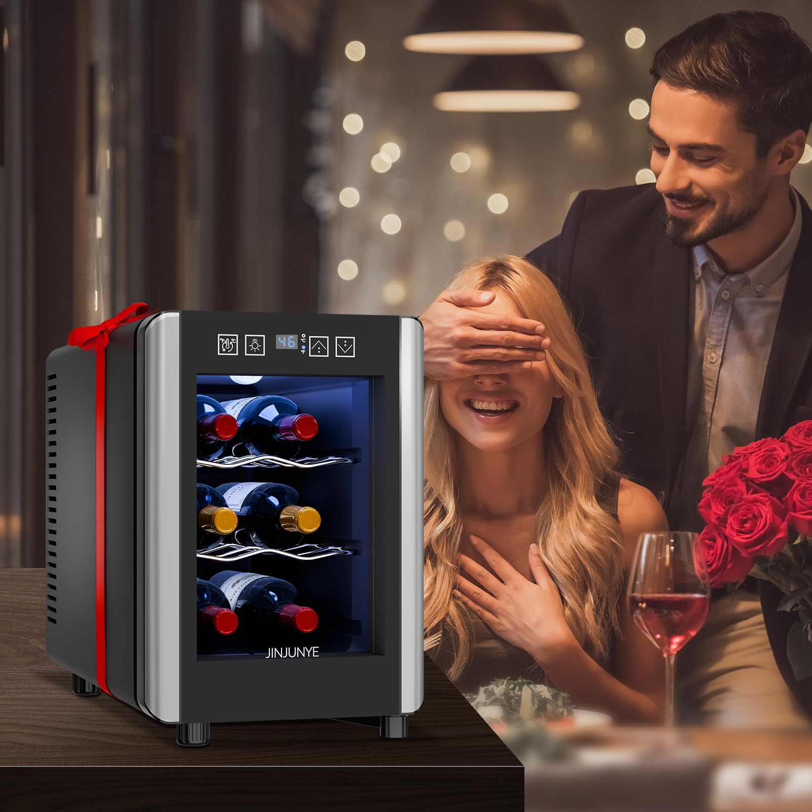 6 Bottle Wine Cooler with Digital Temperature Control (46-65℉) - Compact Countertop Wine Fridge, Freestanding Mini Wine Cellar with Glass Door - Perfect Gift for Wine Lovers - Ideal for Home, Office or Bar Use