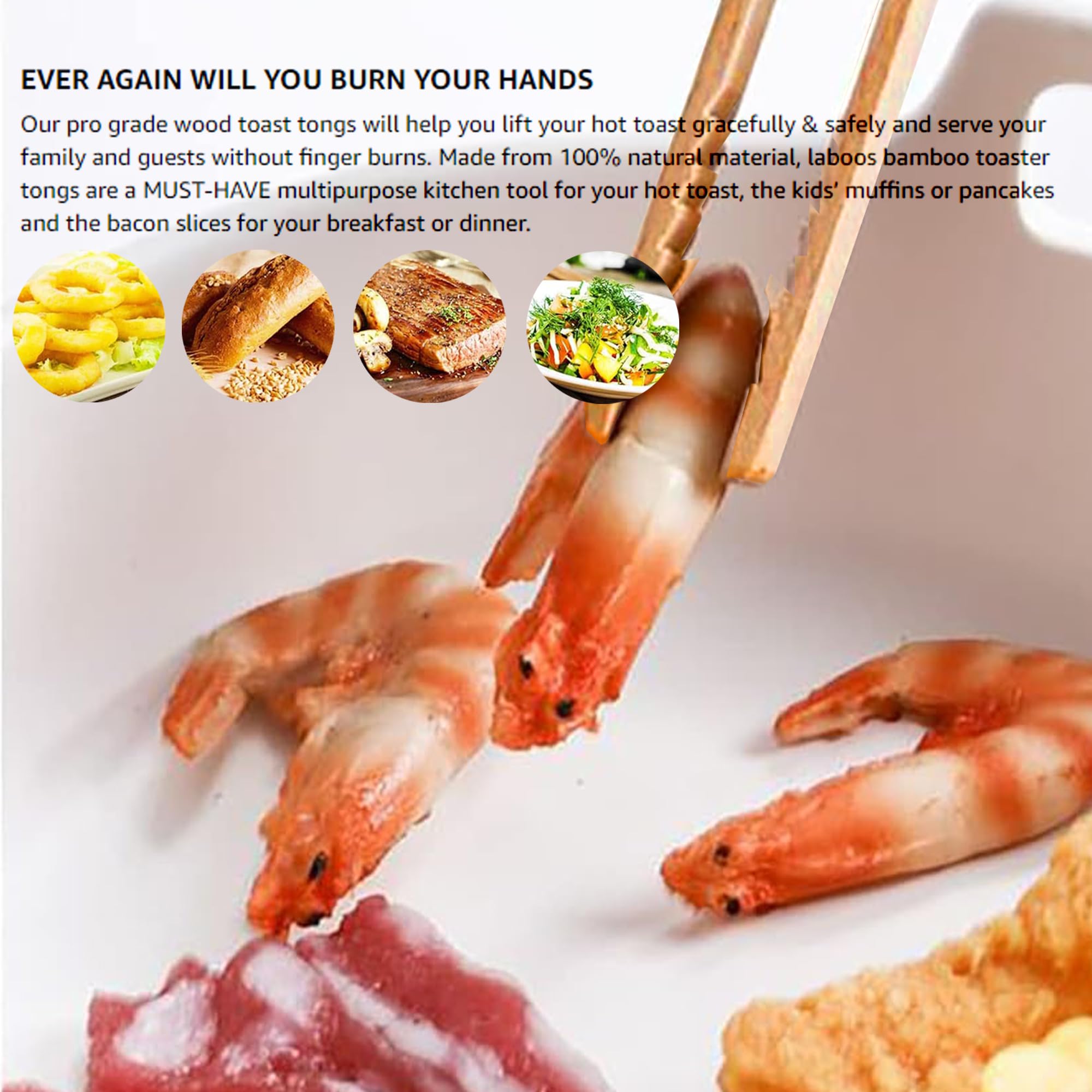 ReNext Bamboo Toast Tongs - Wooden Kitchen Tongs for Bread, Fruits & Pickles - Perfect for Breakfast, BBQ, Picnics & Camping