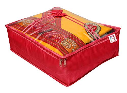 Premium Satin Saree & Blouse Storage Bags - 5-Pack with Double Zipper & Clear Window - Wardrobe Organizer for Indian Ethnic Wear - Perfect for Travel, Wedding, and Festival Outfit Protection (Maroon)
