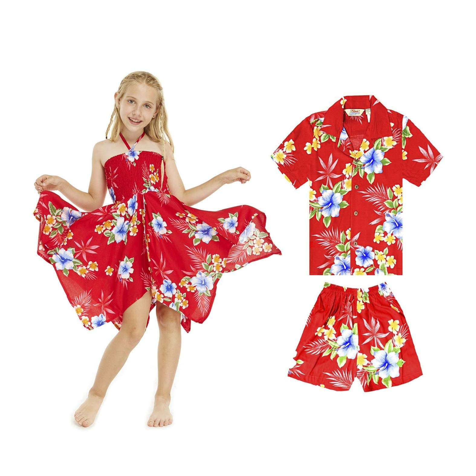 Hawaiian Luau Matching Outfits for Boy and Girl Siblings - Tropical Hibiscus Print Gypsy Costumes | Perfect for Family Beach Vacations, Luau Parties & Summer Photoshoots