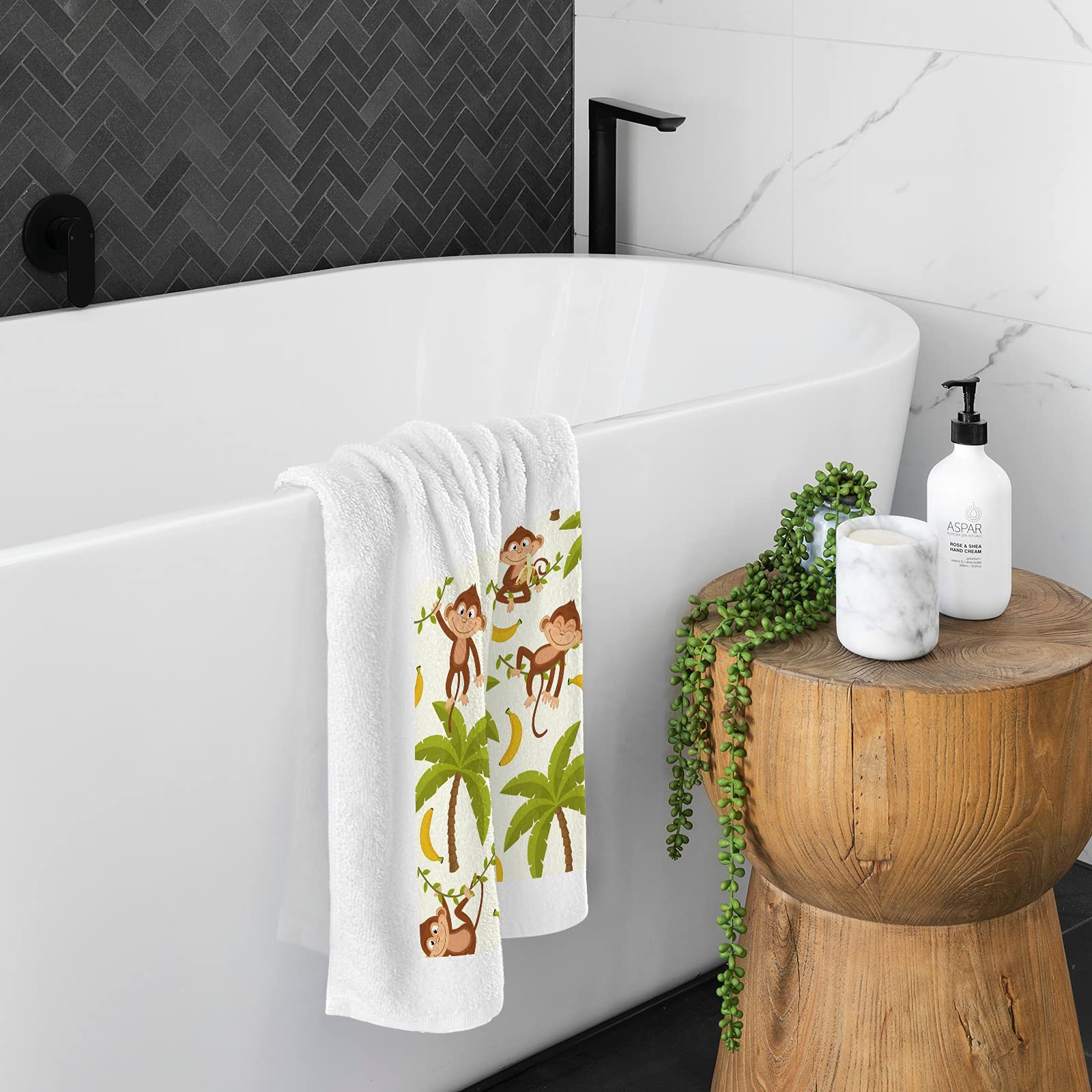 ALAZA 100% Cotton Hand Towel - Soft Monkey Palm Tree Banana Print Bath & Kitchen Towel for Face, Hair, Dish Drying | Perfect for Bathroom Decor, Kitchen Use & Tea Time