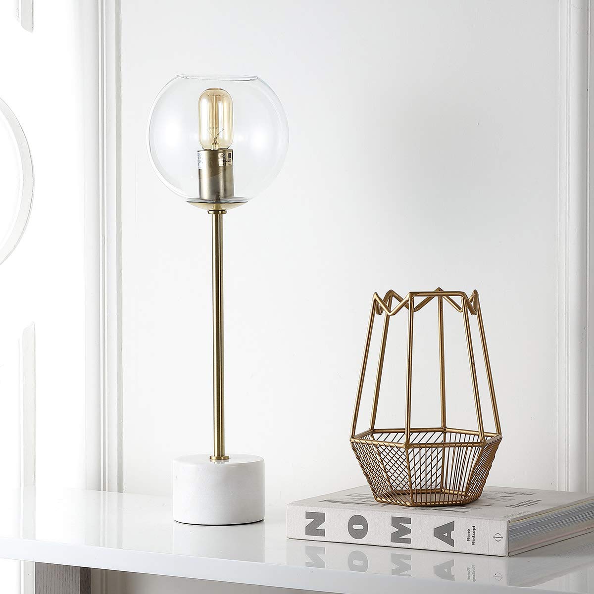 Safavieh Caden 22-inch Brass Gold & White Table Lamp with LED Edison Bulb - Bedroom, Living Room, Home Office, Nightstand Lighting Decor for Cozy Ambiance