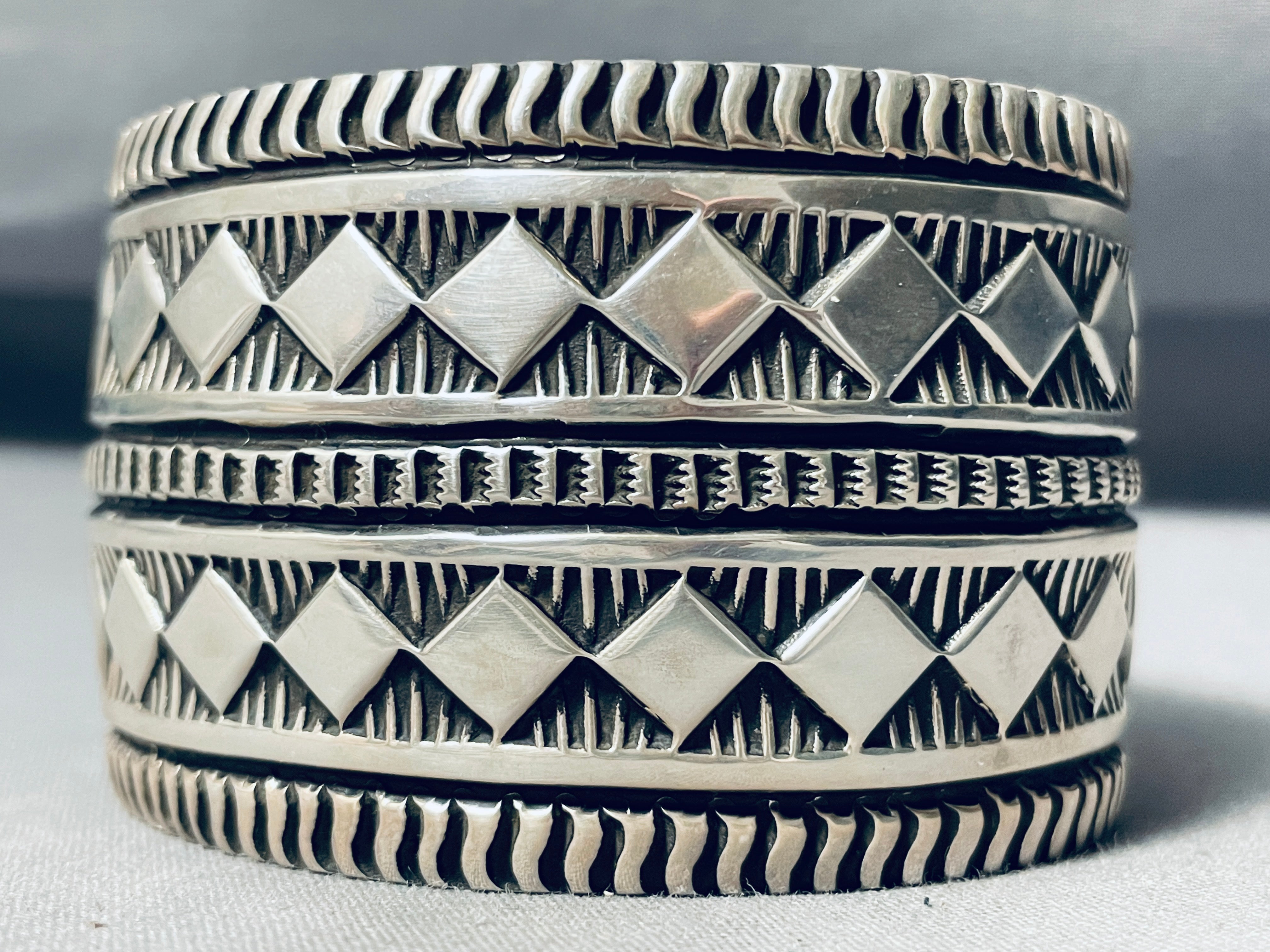 150 Grams Navajo Sterling Silver Diamond Stamped Bracelet - Authentic Native American Jewelry for Women, Perfect for Weddings, Parties & Special Occasions