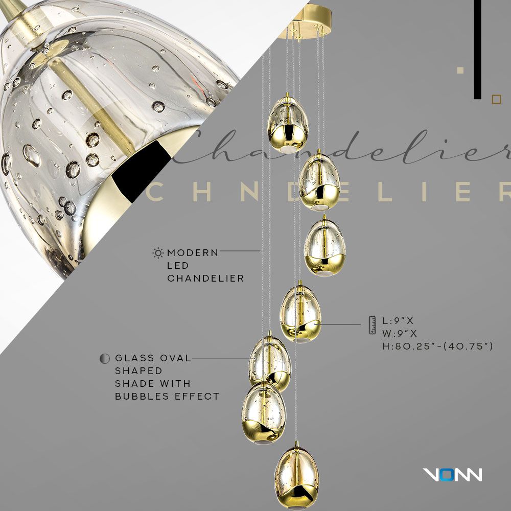 VONN Venezia 7-Light Gold LED Chandelier - Modern Crystal Ceiling Light Fixture for Dining Room, Living Room & Bedroom Lighting