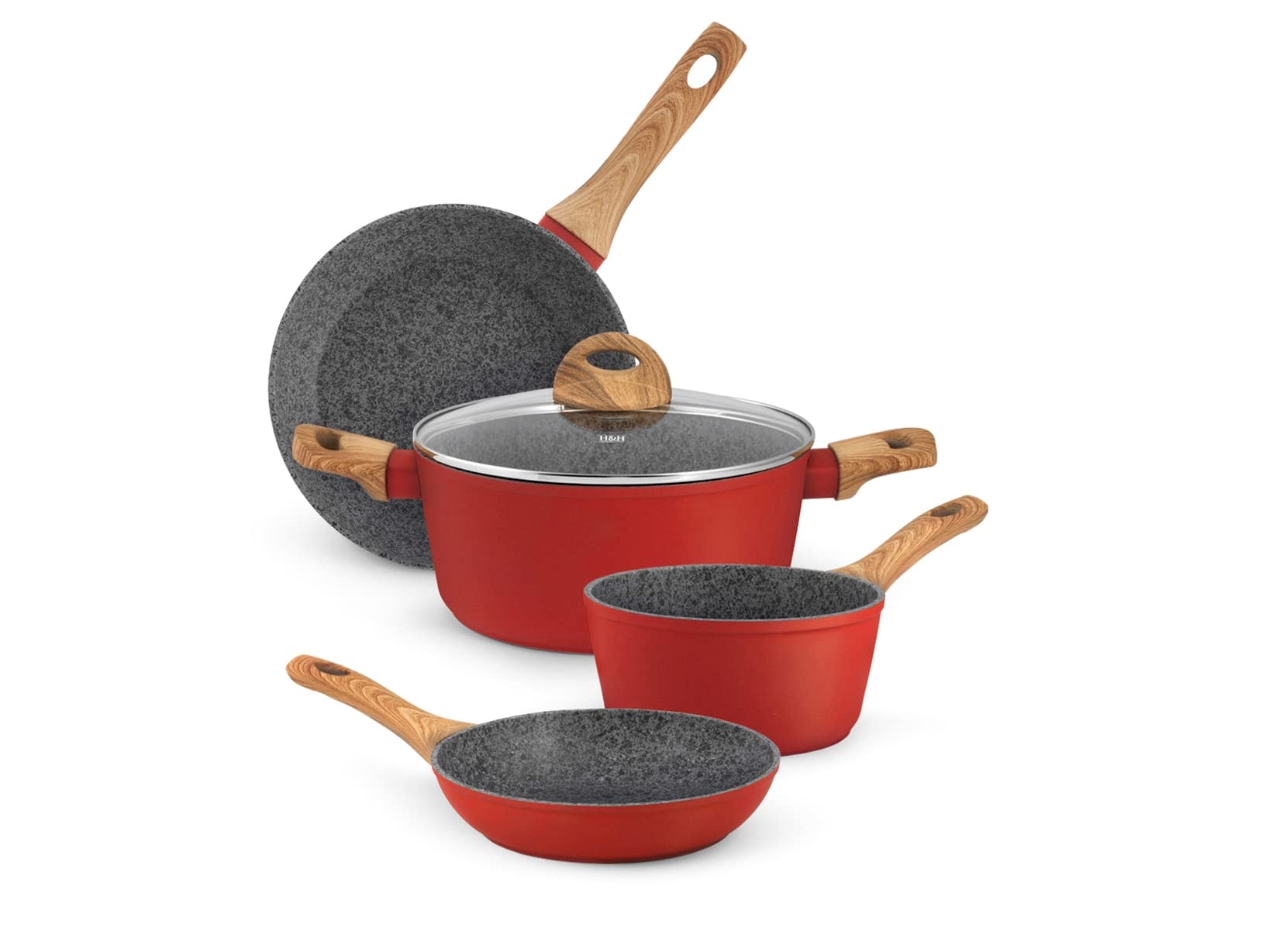 H&H Red Rock Rechargeable Non-Stick Aluminum Cookware Set - 5 Piece Red/Grey Kitchen Essentials for Baking, Frying & Everyday Cooking