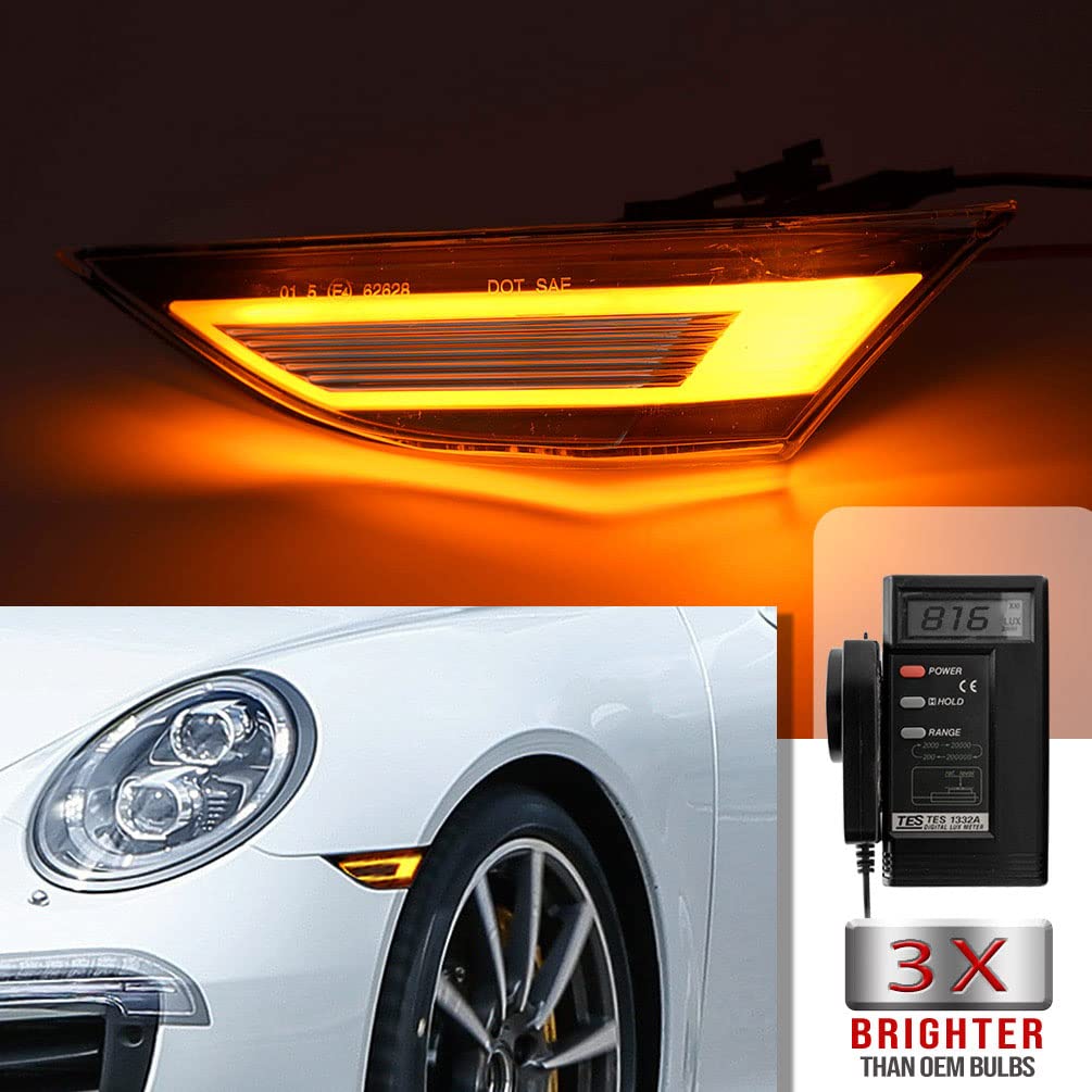NJSBYL LED Side Marker Light Kit for Porsche 911 991.1 Carrera Cayman Boxster - Clear Lens Amber LED Front Turn Signal Lights - Perfect for Night Driving & Car Customization