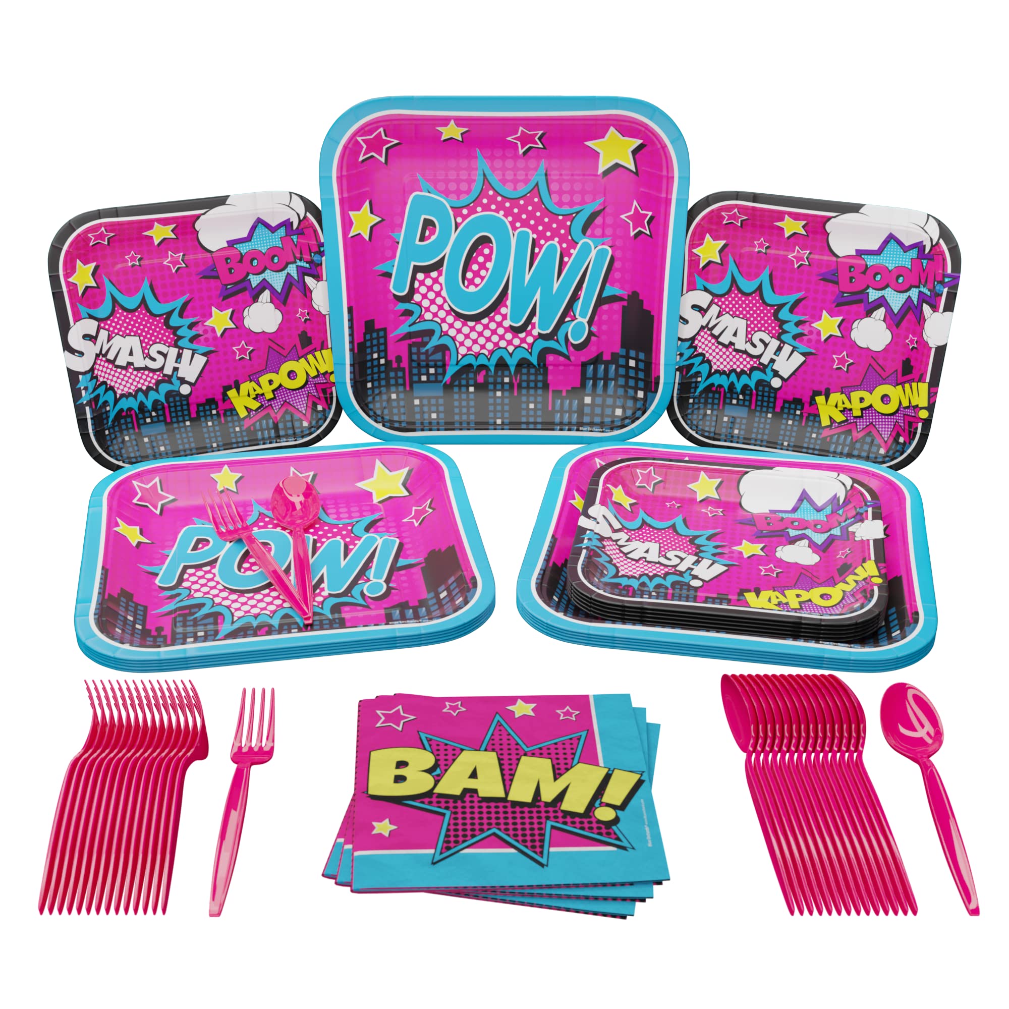 Blue Orchards Superhero Girl Party Pack (100 Pieces for 16 Guests) - Birthday Party Decorations, Plates & Napkins Set - Perfect for Kids Birthday Parties, Superhero Themed Events & Baby Showers