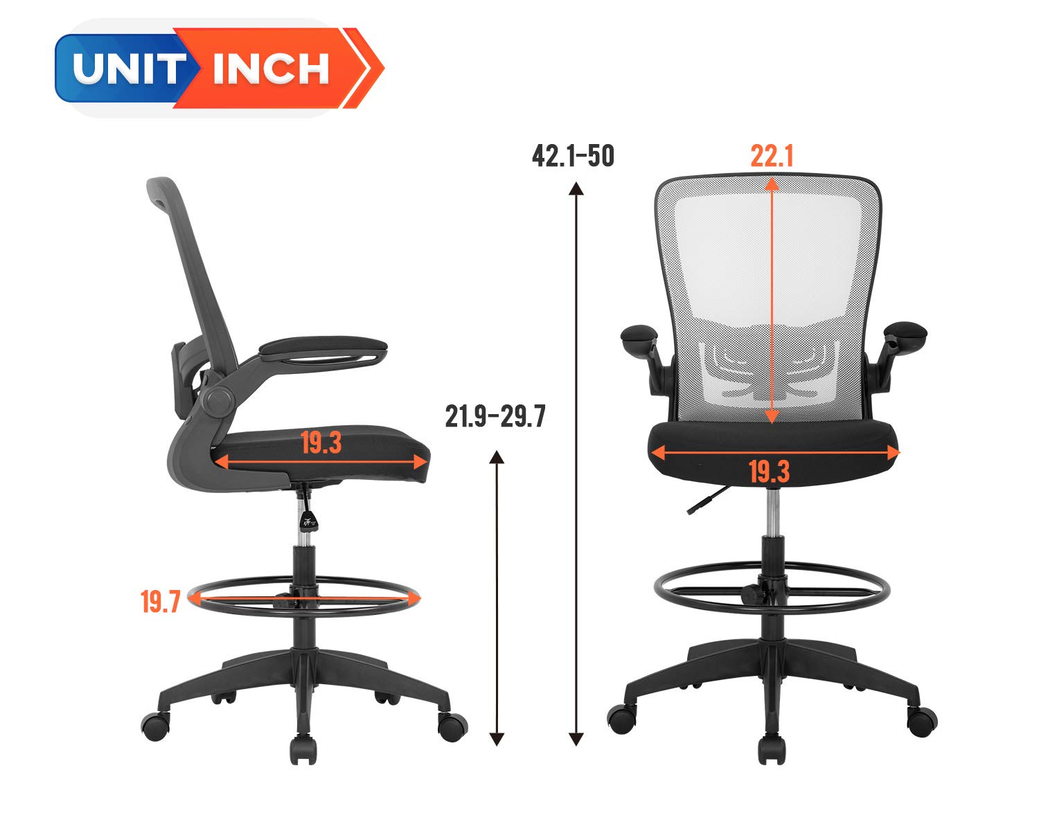 Ergonomic Drafting Chair - Adjustable Height Office Chair with Lumbar Support, Arms & Footrest - White Mesh Swivel Rolling Stool for Standing Desks - Perfect for Architects, Artists & Home Office Workspaces