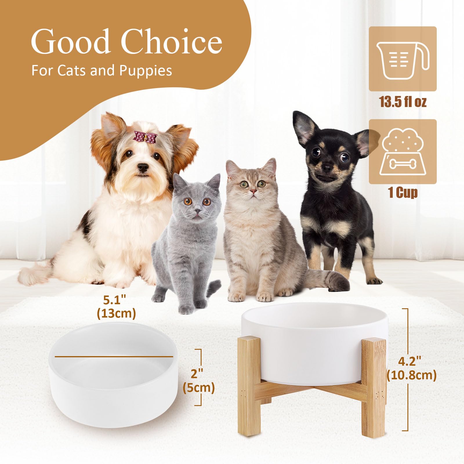 Premium Elevated Ceramic Cat Bowl with Bamboo Stand - Anti-Vomiting Raised Dog Dish for Puppies - 13.5oz/400ml White Pet Food Bowl - Stress-Free Feeding for Cats & Small Dogs - Perfect for Home, Kitchen or Pet Feeding Station