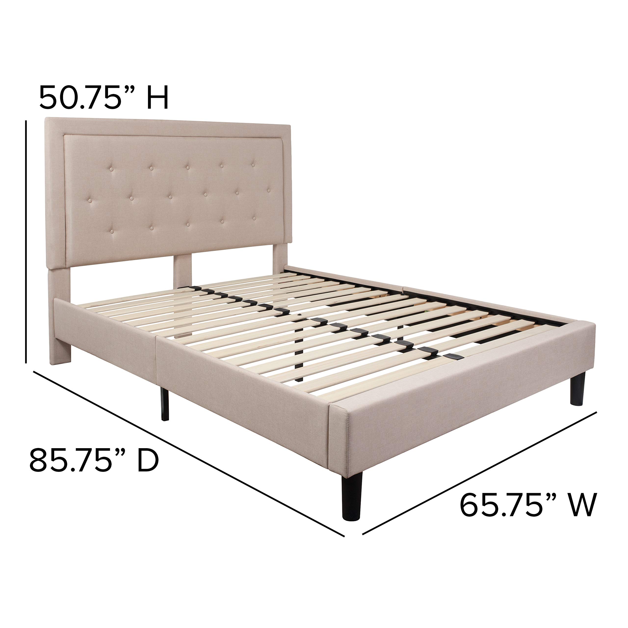 Merrick Lane Mallory Queen Size Upholstered Platform Bed with Tufted Headboard - Beige Fabric Bed Frame for Modern Bedroom Decor