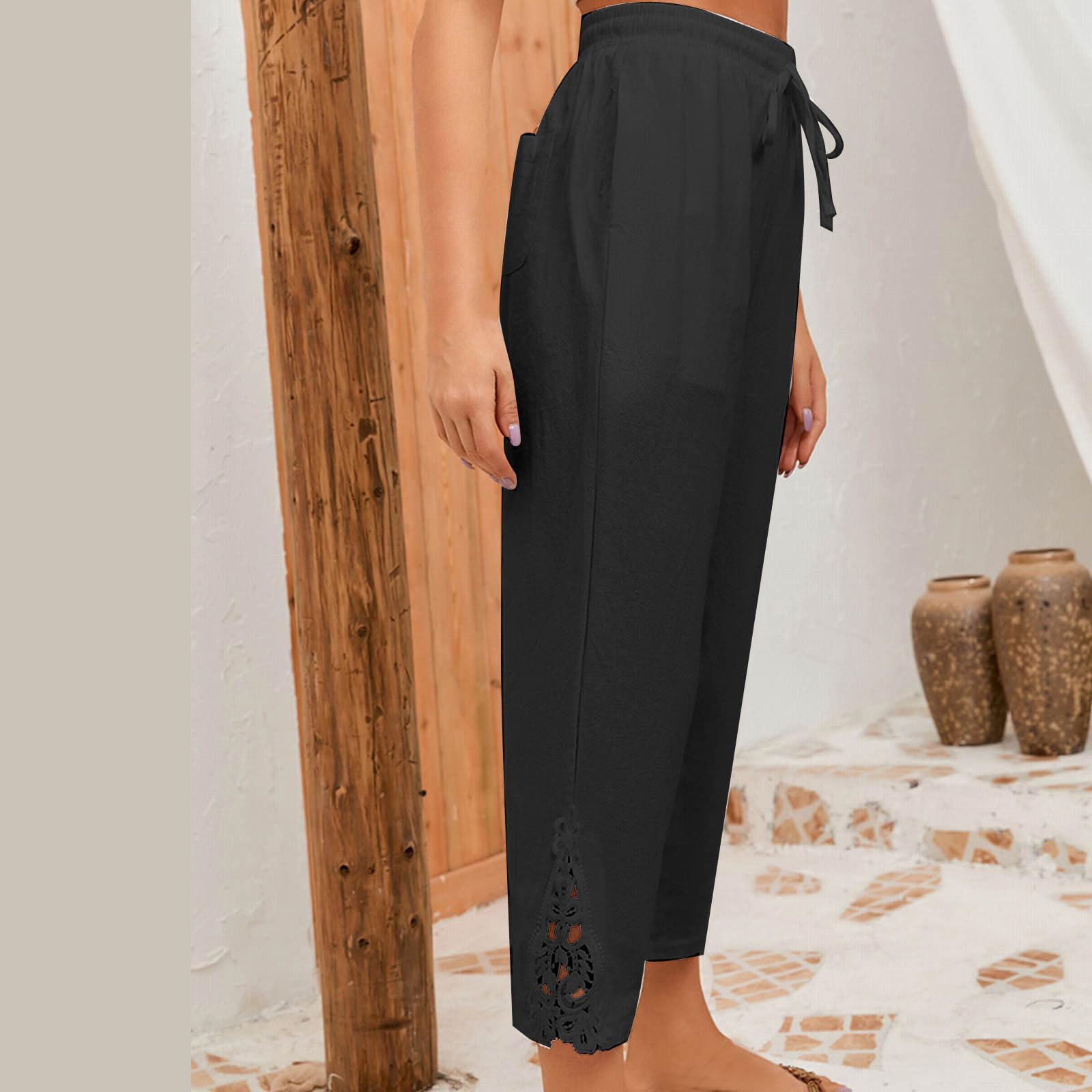 Women's Cotton Lace Drawstring Casual Pants - Natural Shift Pants with Button Waist & Full Length - Perfect for Lounge, Work from Home & Everyday Wear