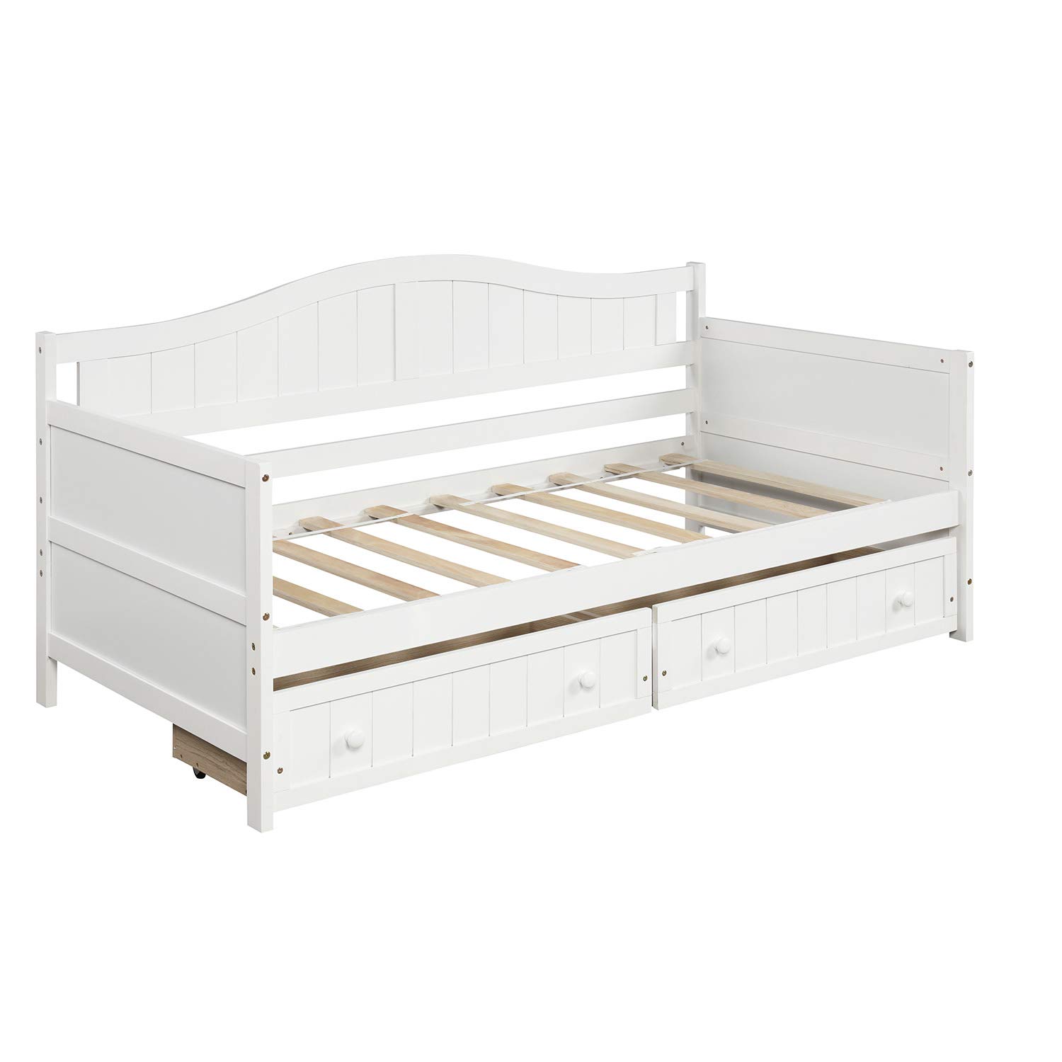 Twin Daybed with 2 Drawers & Armrest - Space-Saving Wooden Sofa Bed for Bedroom & Living Room - No Box Spring Needed (White) - Perfect for Small Spaces, Guest Rooms & Studio Apartments