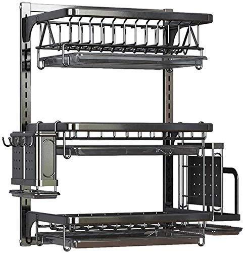 Stainless Steel 3-Tier Wall Mount Dish Drying Rack - Black Flat Draining Storage Organizer for Kitchen Utensils & Cutlery | Space-Saving Solution for Small Kitchens & Apartments