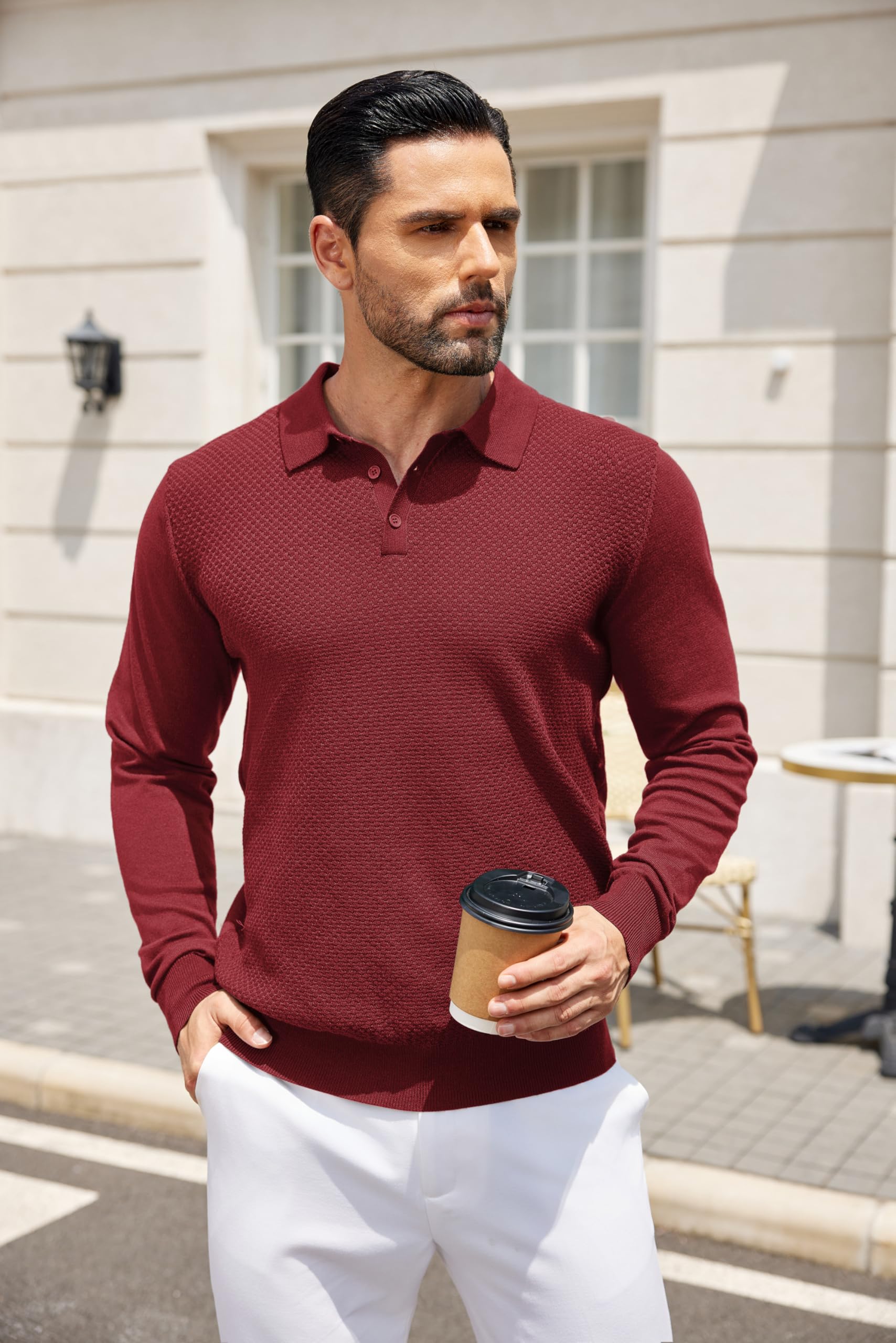 COOFANDY Men's Knit Polo Sweater - Long Sleeve Casual Button Down Collar Shirt for Golf & Business | Waffle Textured Warm Pullover for Fall & Winter Outfits
