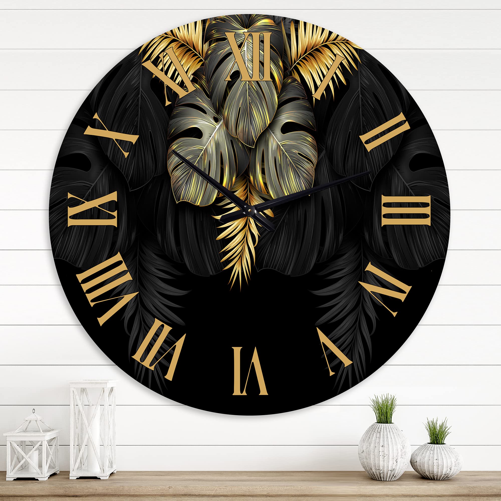 DesignQ Modern Wall Clock - Black & Gold Tropical Leaves IV - Large Floral Botanical Wall Clock for Living Room, Bedroom, Office Decor - Perfect for Home, Office & Gift Giving