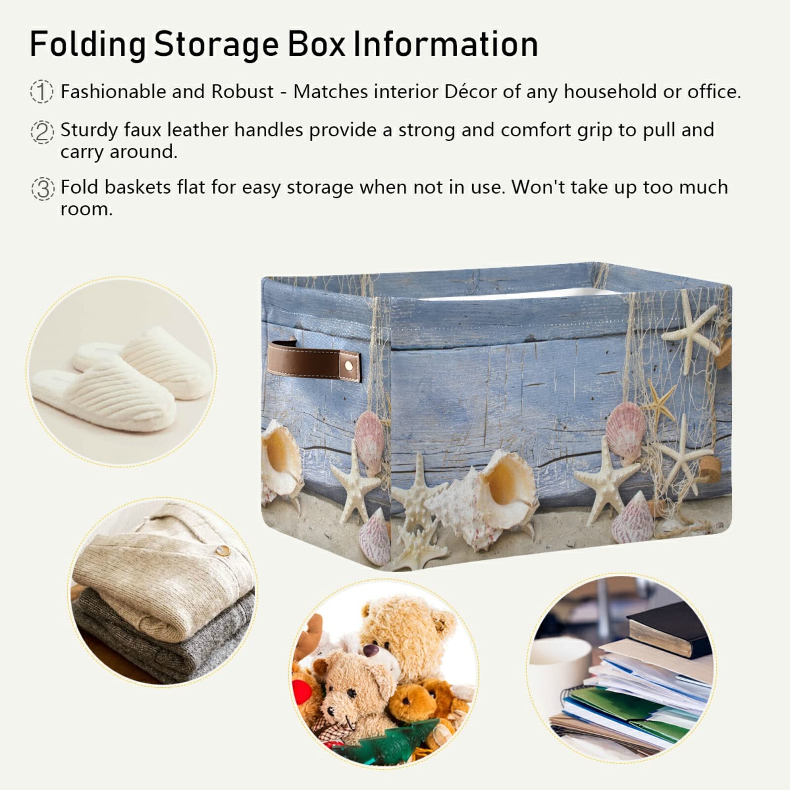Collapsible Wooden Storage Baskets with Handles - Nautical Beach Decor Organizer for Nursery, Closet, Office & Home | Perfect for Summer Beach House Decor, Shell Collection Storage & Bedroom Organization (1 Pack)