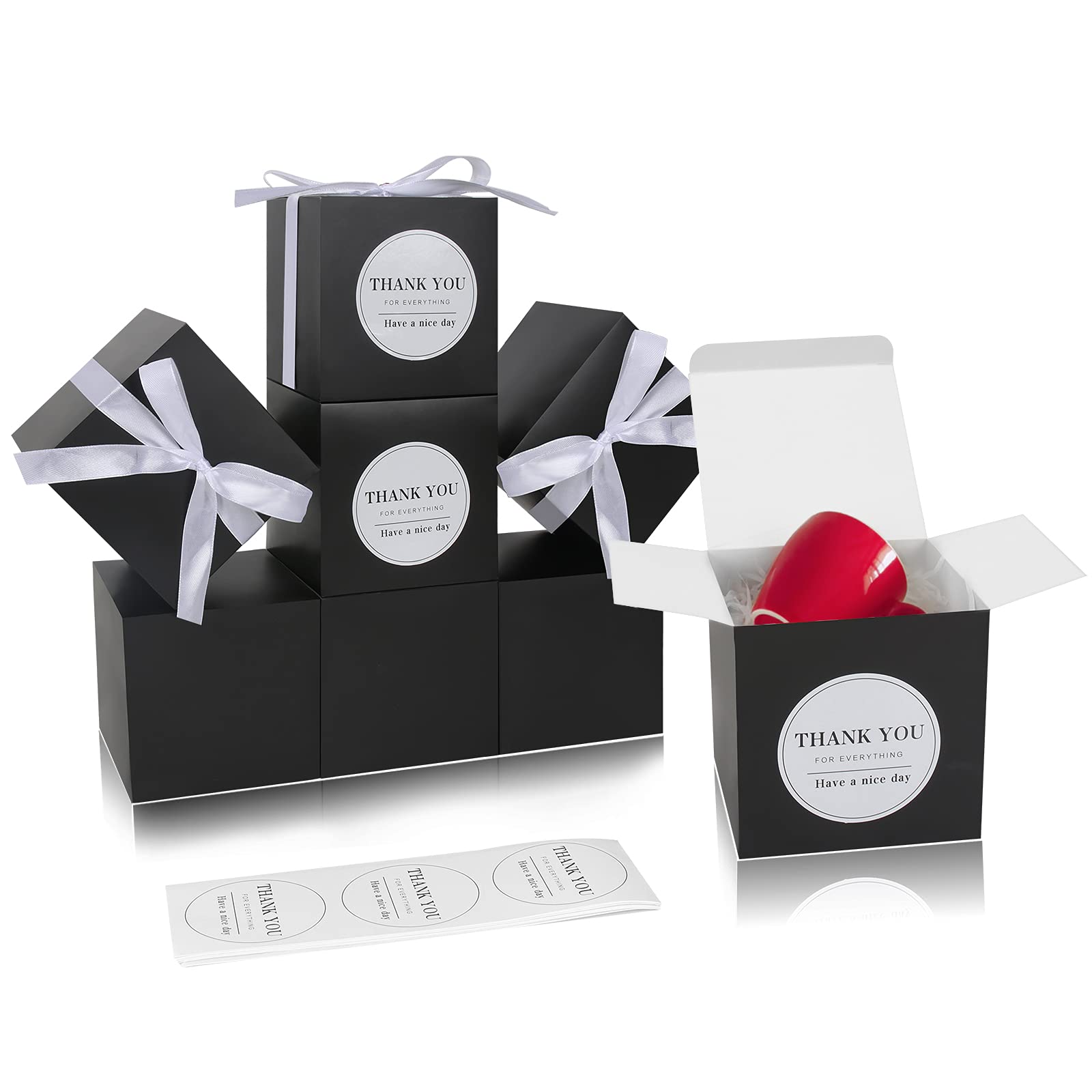 COTOPHER 60 Pack 4x4x4 Inches Small Black Gift Boxes with Lids - Premium Craft, Wedding, Party Favor, Cupcake & Candy Packaging Boxes - Includes Ribbons & Stickers - Perfect for Bridesmaid Proposals, Birthday Gifts & Holiday Treats (Black, 60)
