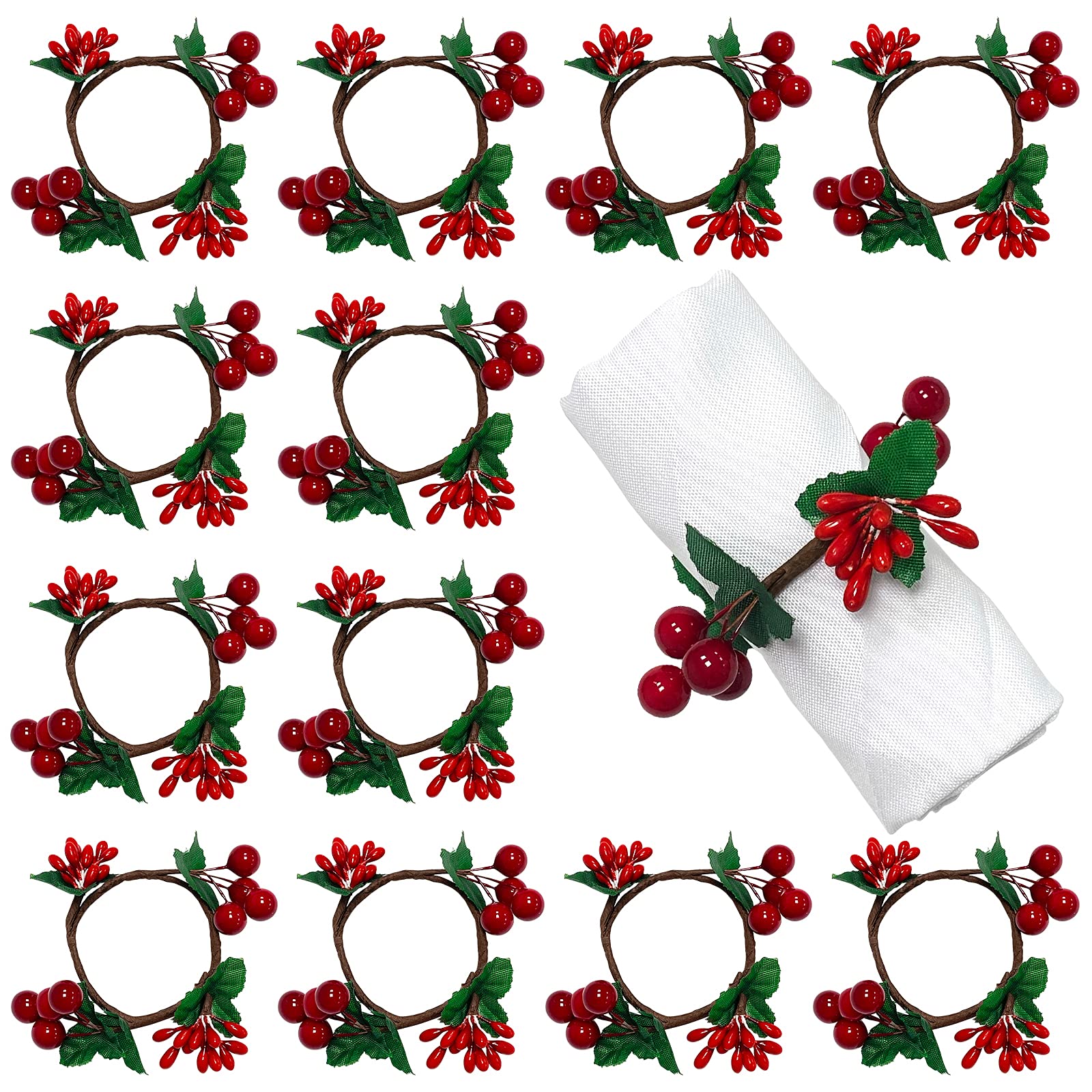 12 Pack Rustic Napkin Rings Set - Handmade Red Berry Serviette Holders for Wedding, Christmas, Thanksgiving, New Year, Valentine's Day, Banquet & Birthday Party Decor - Perfect for Holiday Table Settings and Special Occasion Dining Decorations