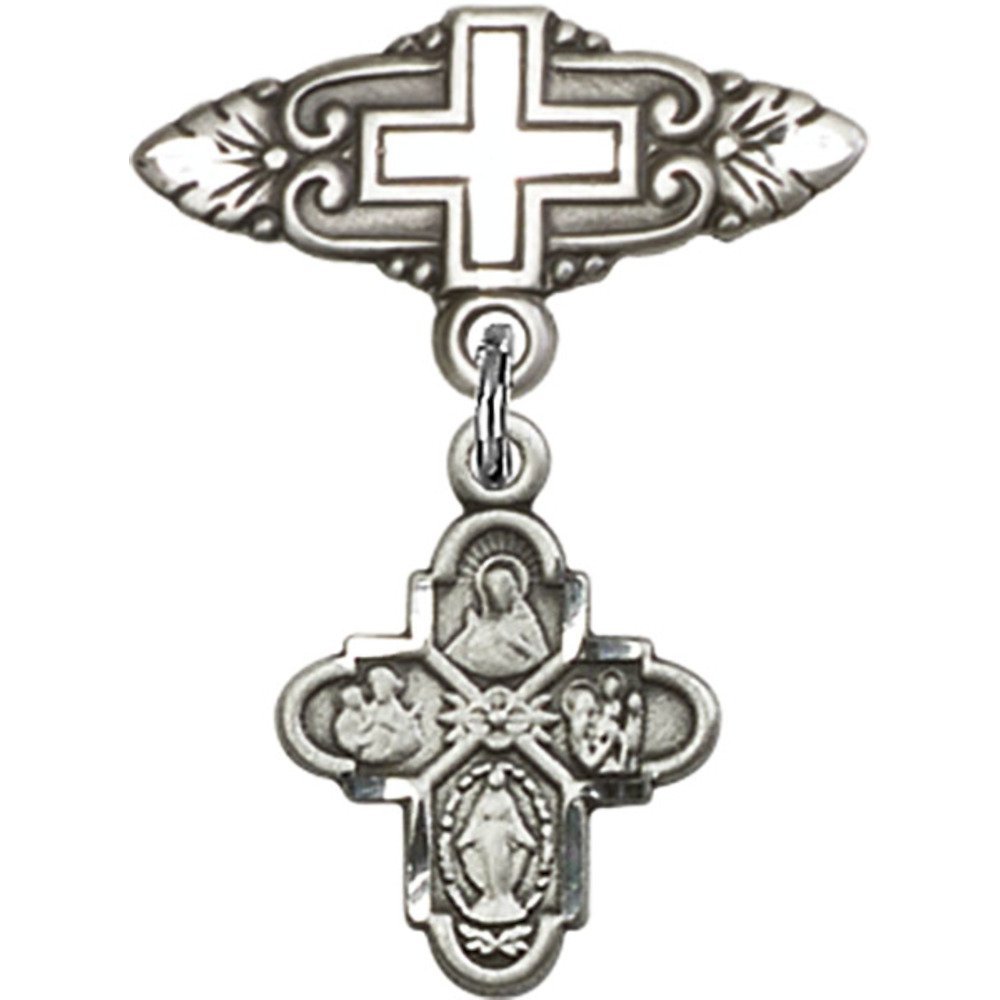925 Sterling Silver Baby Badge with 4-Way Charm & Cross Pin - 1