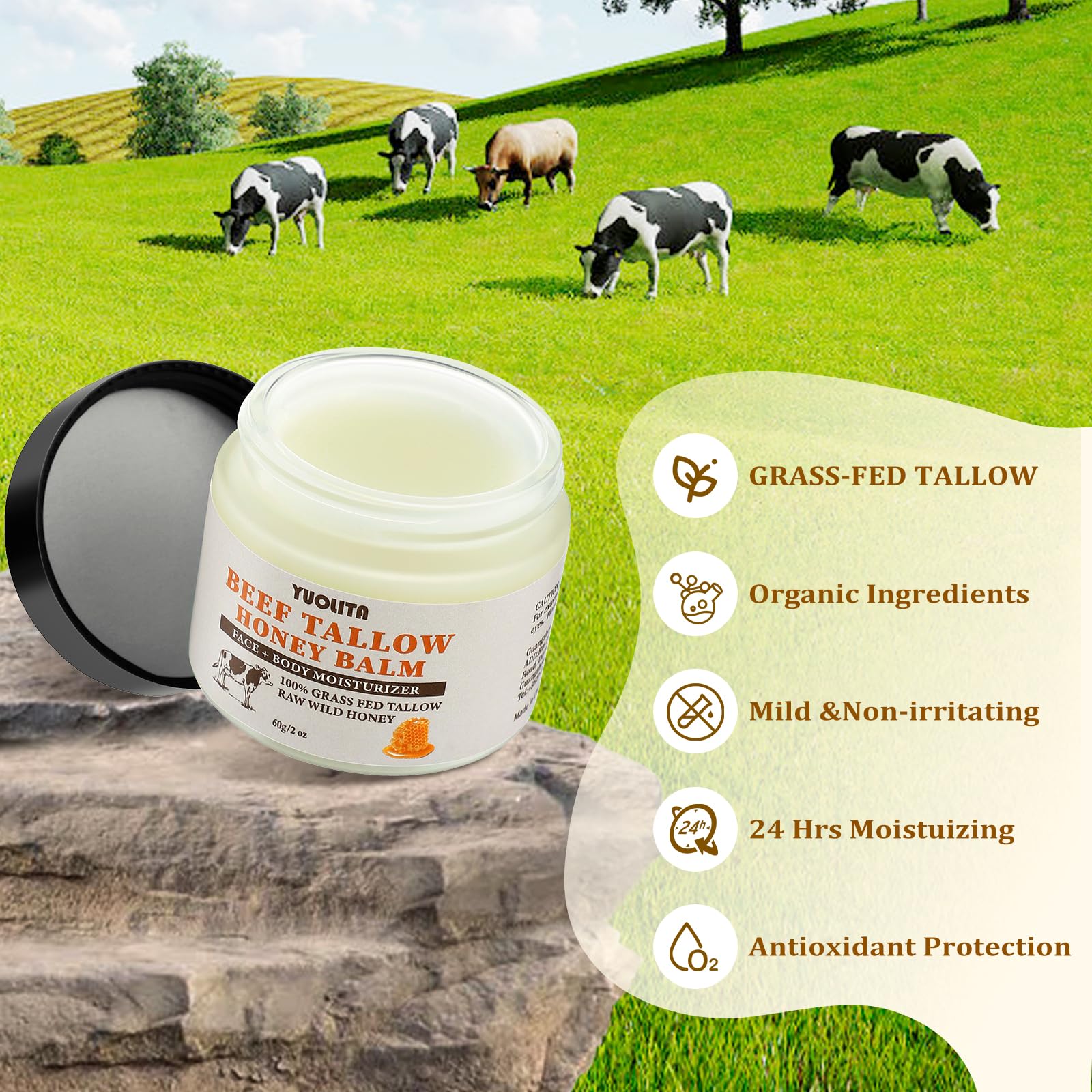Grass-Fed Beef Tallow & Raw Wild Honey Balm - Unscented All-Natural Moisturizer for Face & Body | Hydrating & Nourishing Skin Care | Perfect for Dry Skin, Eczema & Daily Hydration - 2 oz