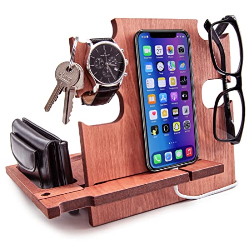 Premium Wooden Docking Station & Smartphone Stand - Cherry Wood Desk Organizer with Charging Station, Nightstand Holder for iPhone, Android Phones - Perfect for Home Office, Bedroom & Workspace Organization