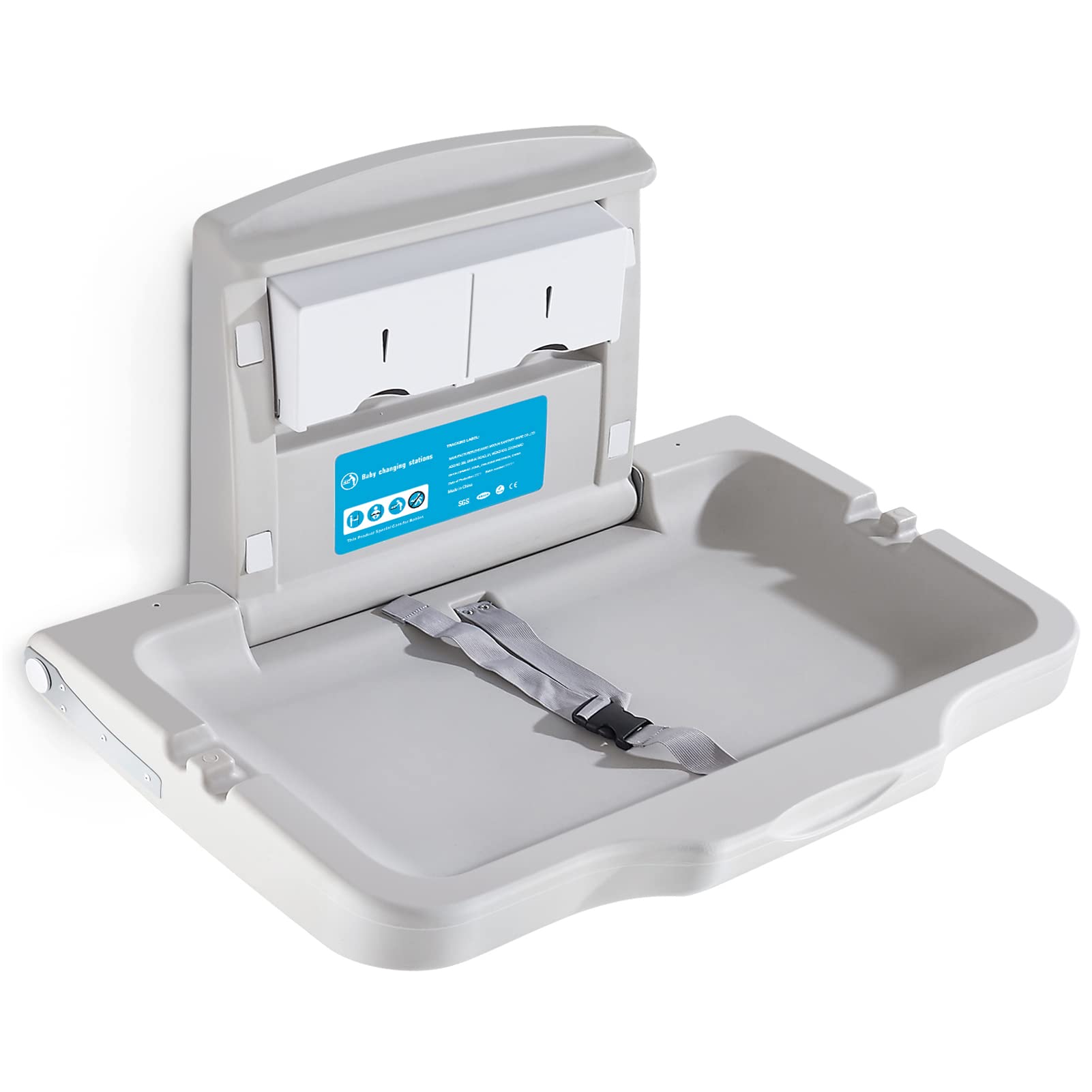 Wall Mounted Baby Changing Station - Foldable Diaper Changing Table for Commercial Restrooms | Durable HDPE Material with Safety Strap (White/Gray) | Ideal for Daycares, Shopping Malls & Public Restrooms