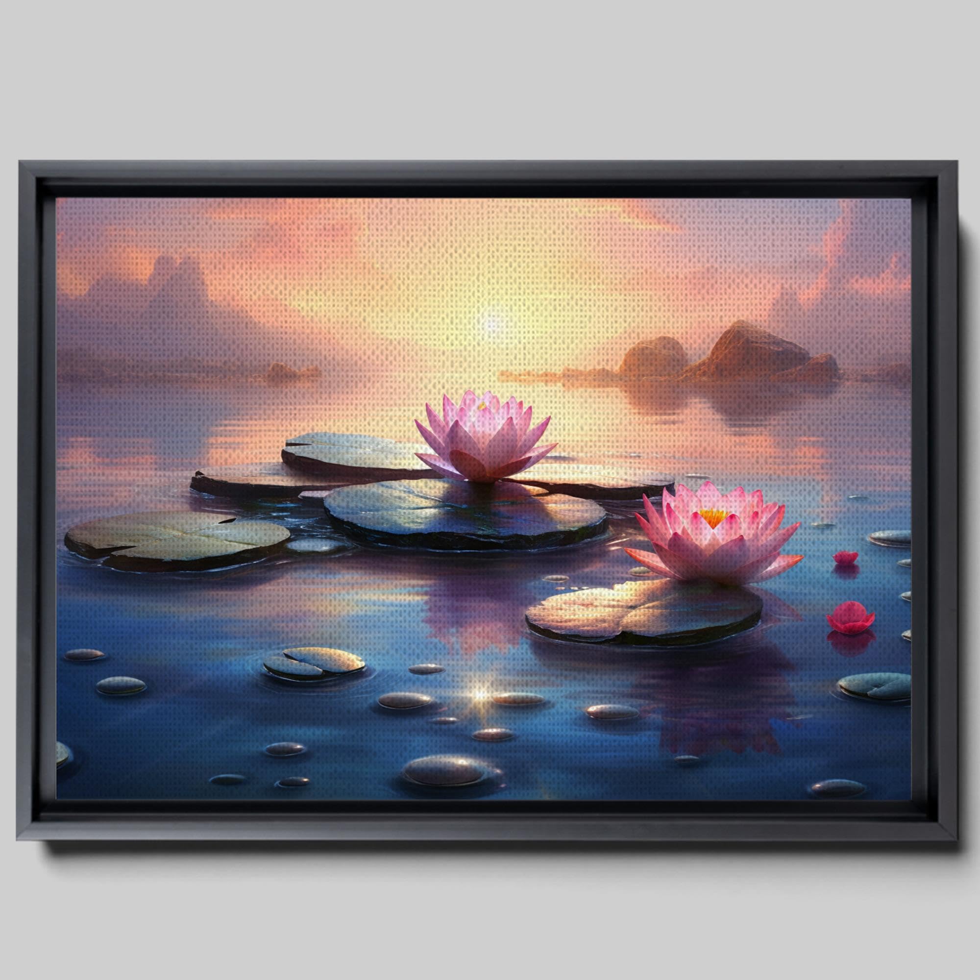 Zen Wall Art Decor - Framed Canvas Zen Garden with Stone Flower & Peaceful Water Sunset Meditation Print - Yoga Room Decor, Home Office Scenery Wall Hanging for Relaxation & Mindfulness Spaces
