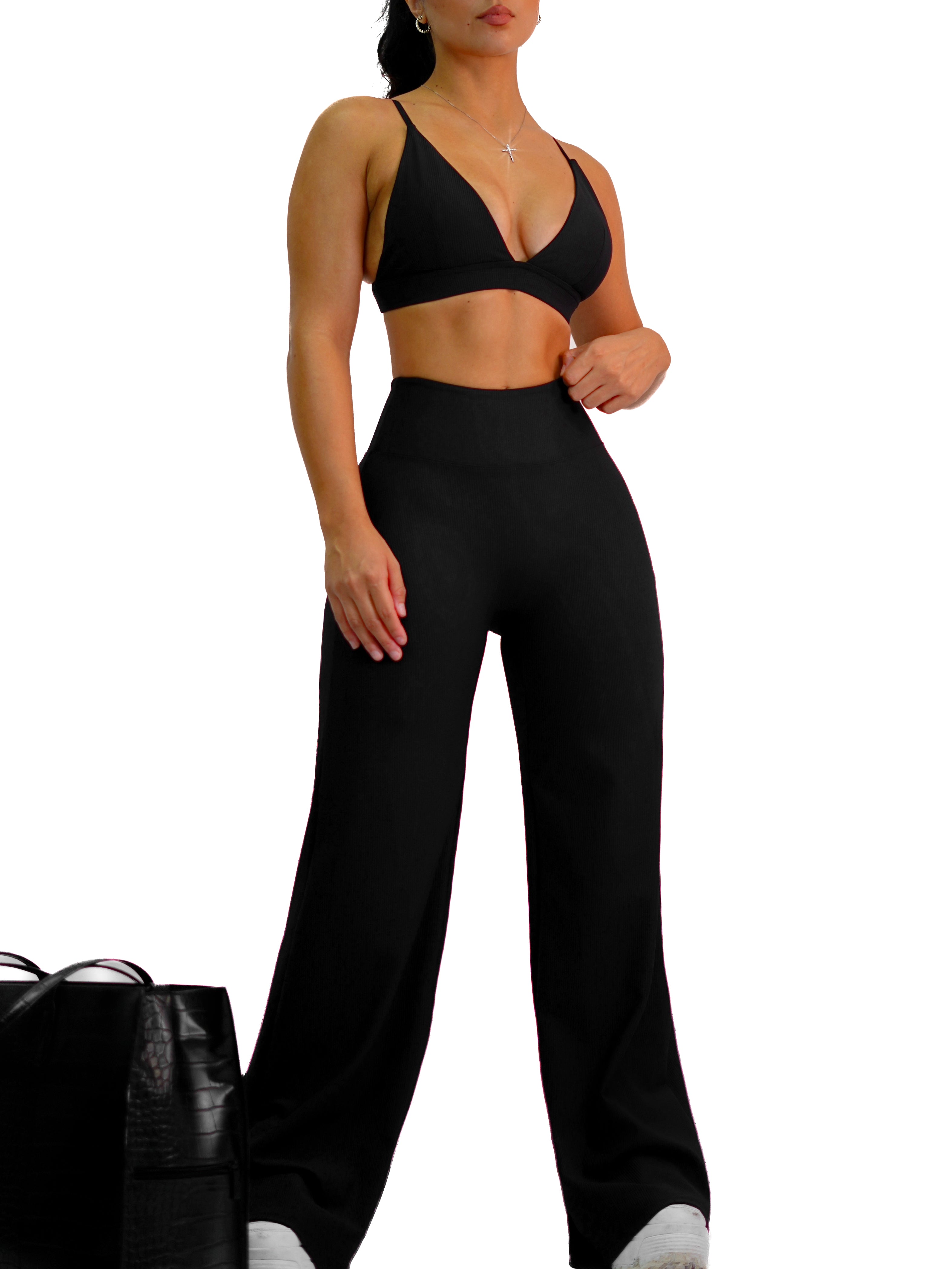 Airport Ribbed Oversized Leggings for Women - Stretchy High Waist Yoga Pants (Black) - Perfect for Travel, Lounge & Workout