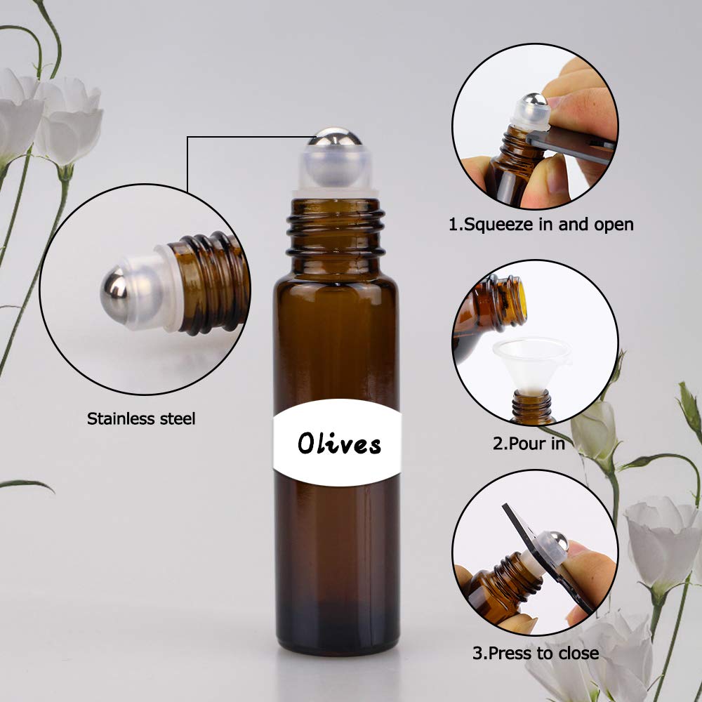 25 Pack 10ml Amber Glass Essential Oil Bottles with Stainless Steel Roller Balls & Caps - Travel Size for Aromatherapy, DIY Perfume, Lip Gloss & Skincare (Leak Proof & Durable) - Perfect for Home, Office & On-the-Go Use