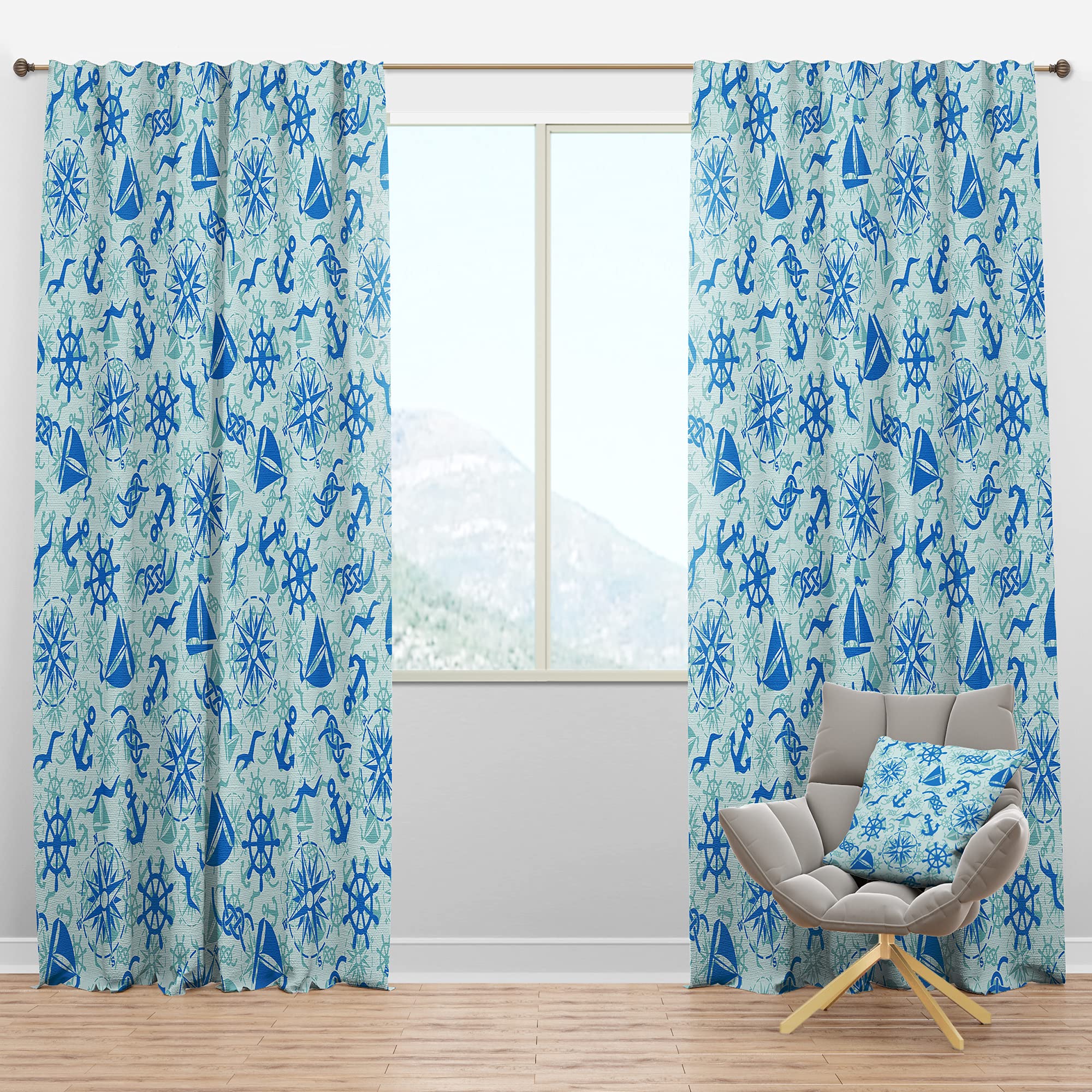 Blackout Curtains with Nautical Theme - Marine Sign, Compass, Anchor & Wheel Design - Thermal Insulated Single Panel (52x108) for Bedroom & Living Room - Perfect for Home Decor, Shift Workers & Light Sleepers