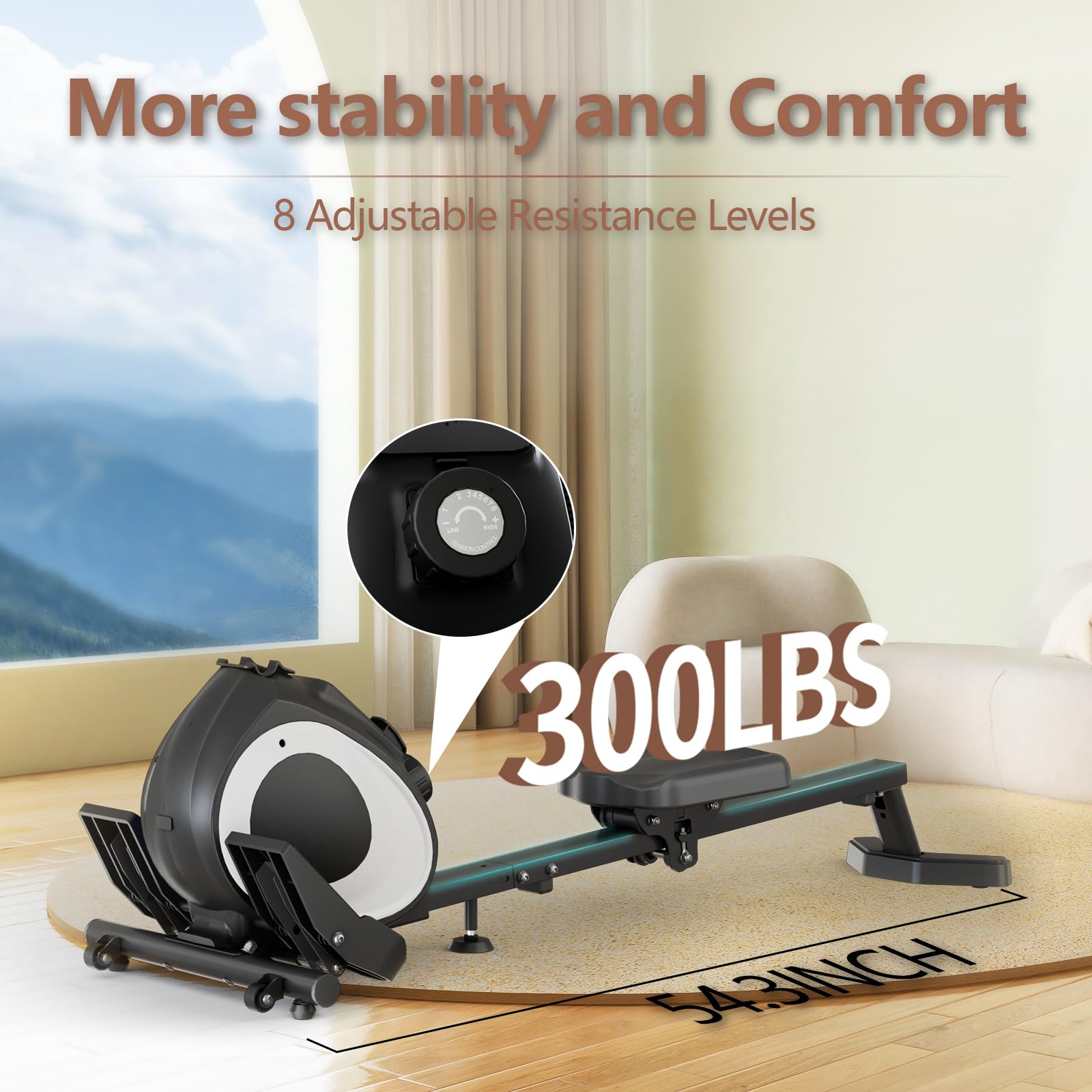 Adjustable 8-Speed Magnetic Rowing Machine for Home Workout - 300 LBS Weight Capacity, Fat Burning & Muscle Sculpting, Phone/Tablet Holder - Perfect for Small Spaces & Full-Body Training