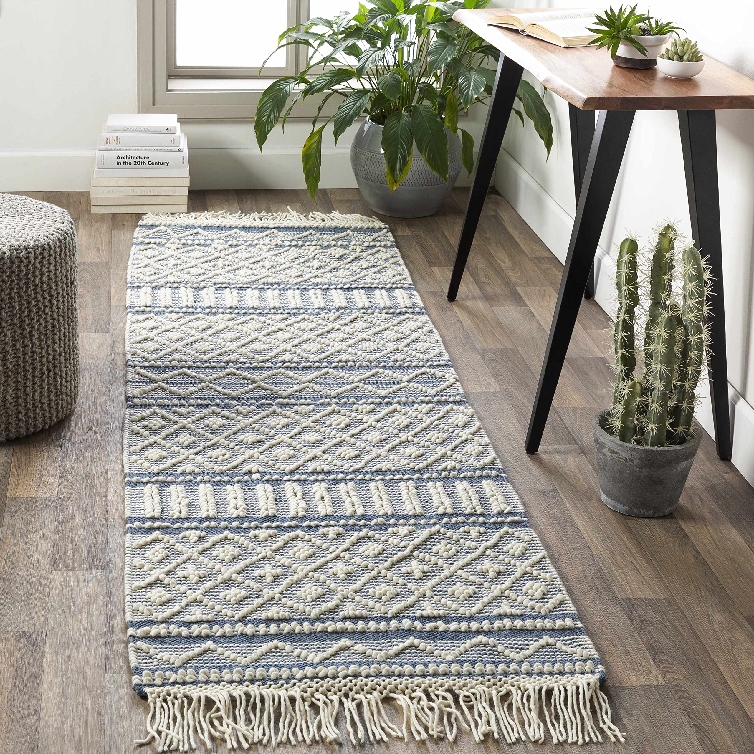 Hauteloom Nunnelly Wool Area Rug 2' x 3' - Traditional Transitional Design in Blue & White - Soft Living Room Bedroom Rug for Cozy Home Decor & Warm Floor Covering