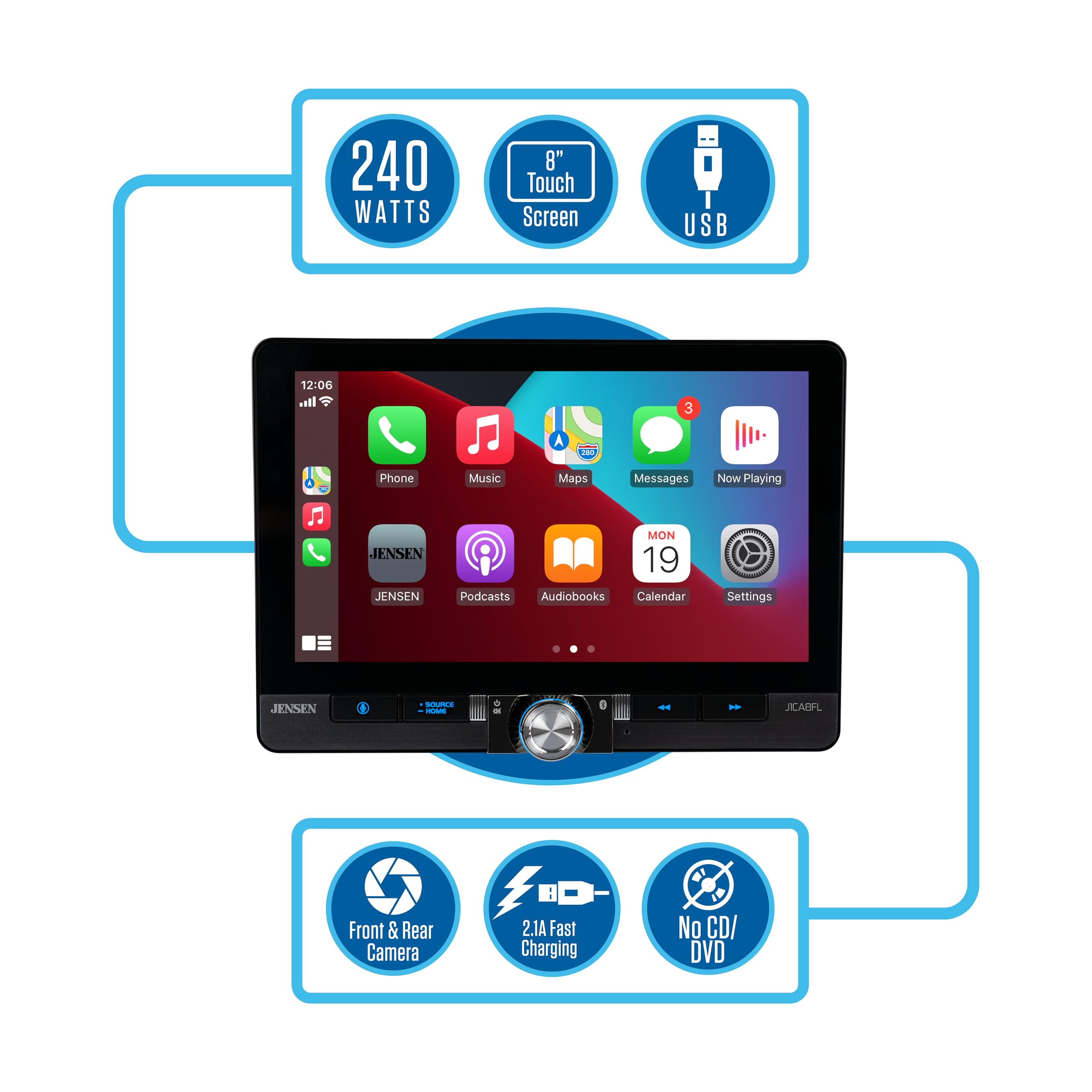 Jensen J1CA8FL 8-inch Apple CarPlay & Android Auto Car Stereo - Wireless & Wired | Single/Double DIN Touchscreen Radio | Bluetooth | Front/Rear Camera Inputs | USB Playback & Charging | Perfect for Commuting & Road Trips